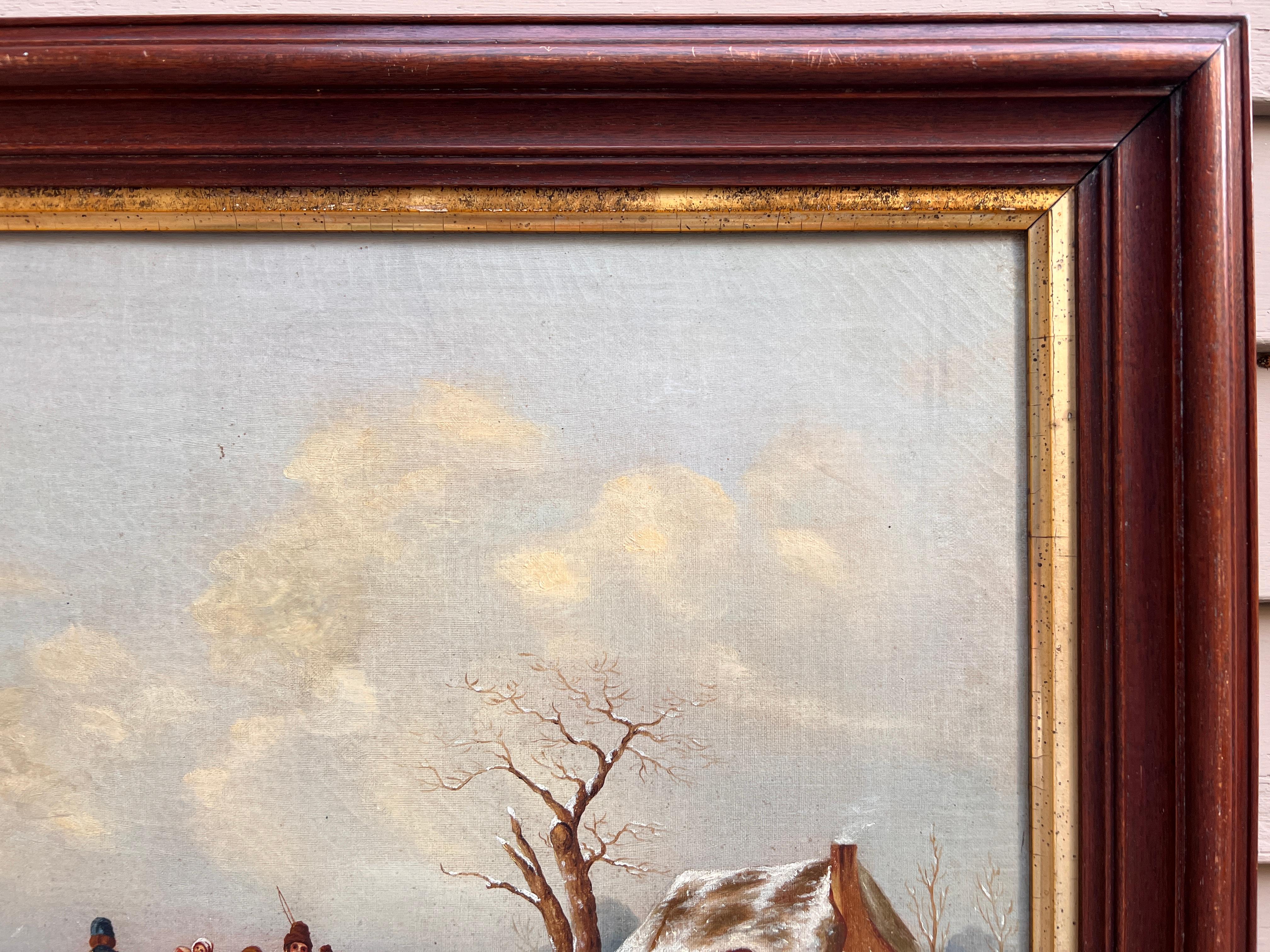 This is a beautiful antique oil painting on canvas depicting a lovely winter landscape with a village, a river view, and some figures.

No visible signature.


Presented in a vintage ornate gold frame. The frame has some scuffs and chips

The