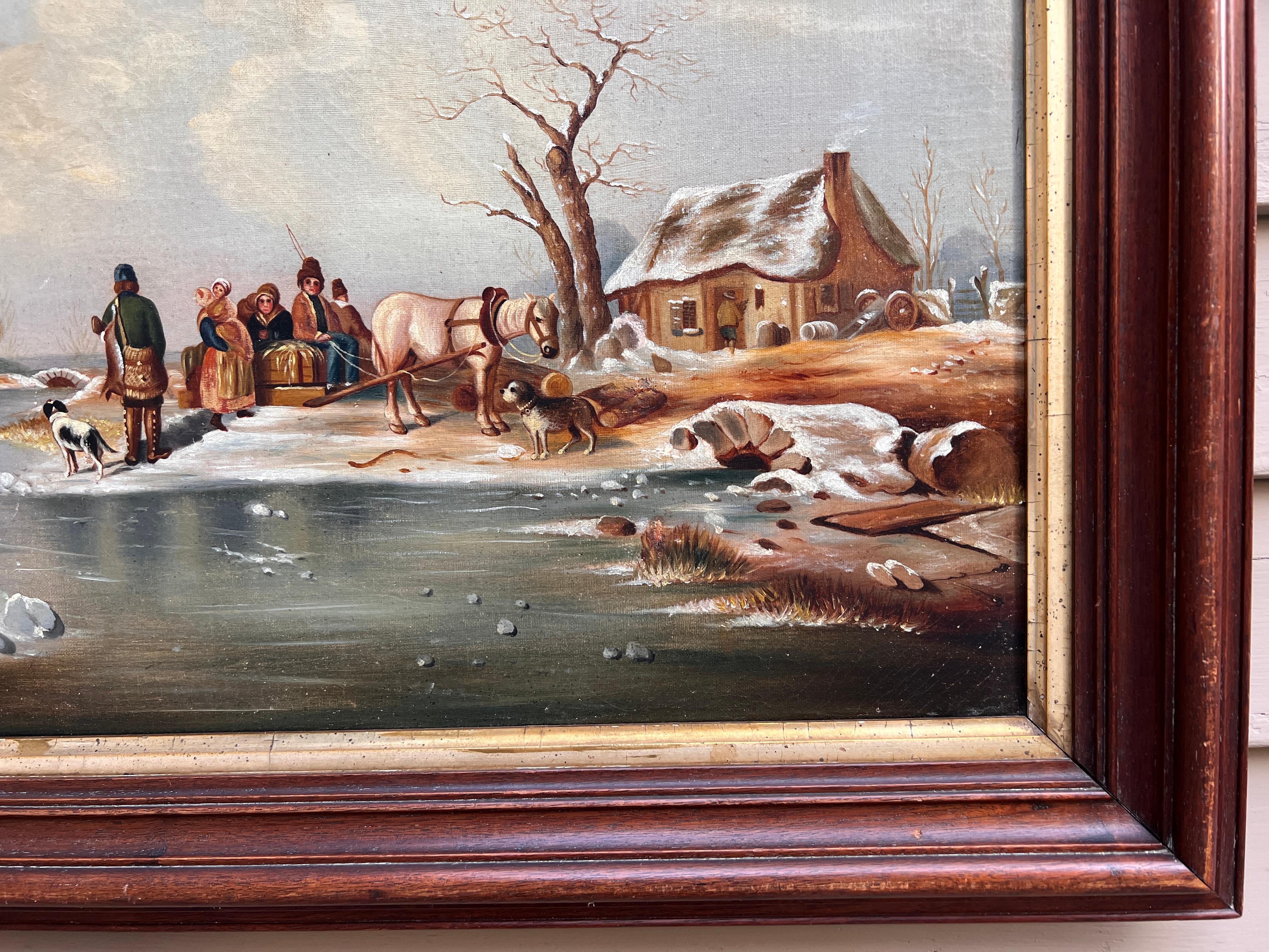 Antique oil painting on canvas, Winter Landscape, Village, figures. Framed For Sale 1