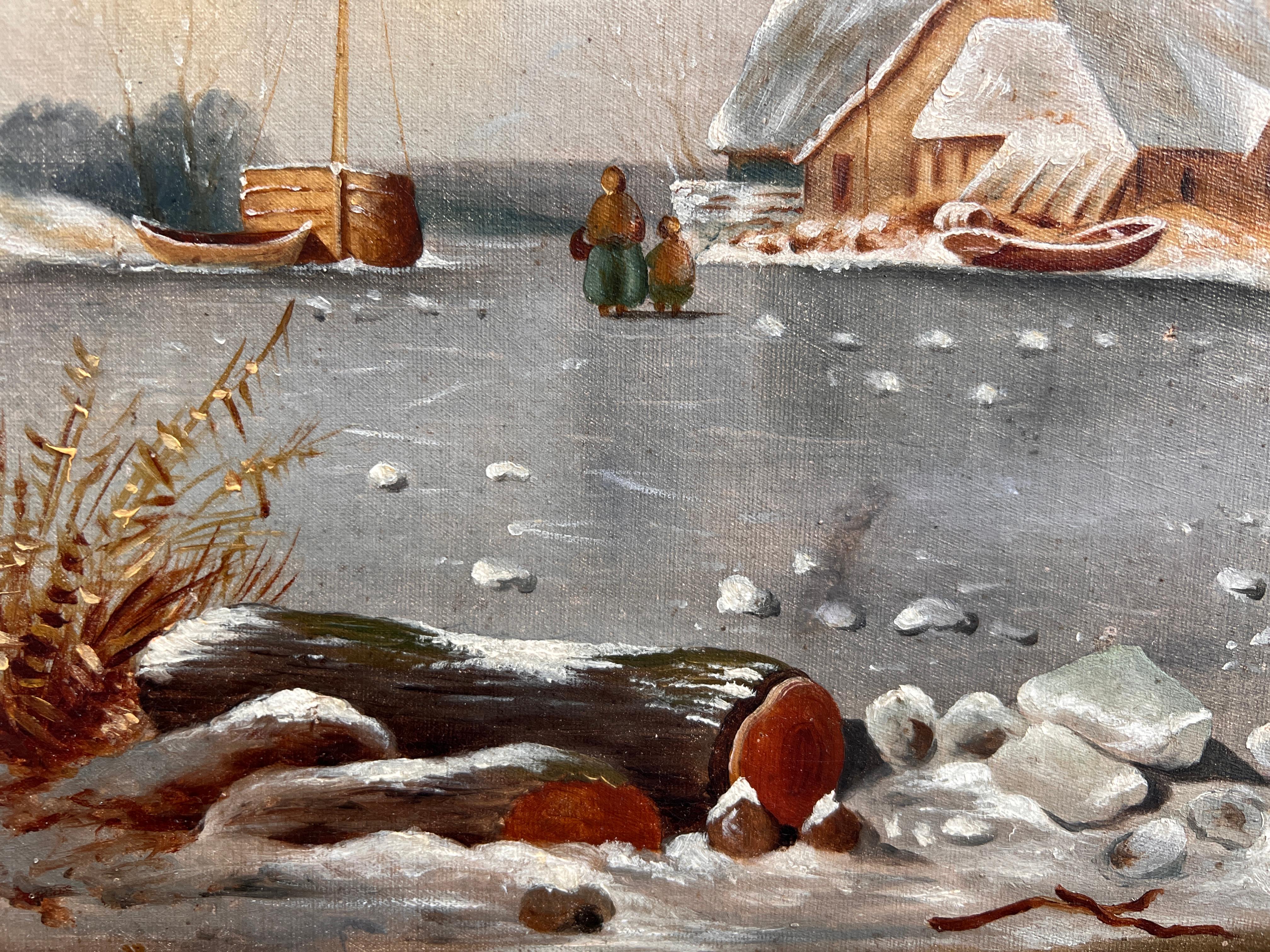 Antique oil painting on canvas, Winter Landscape, Village, figures. Framed For Sale 2