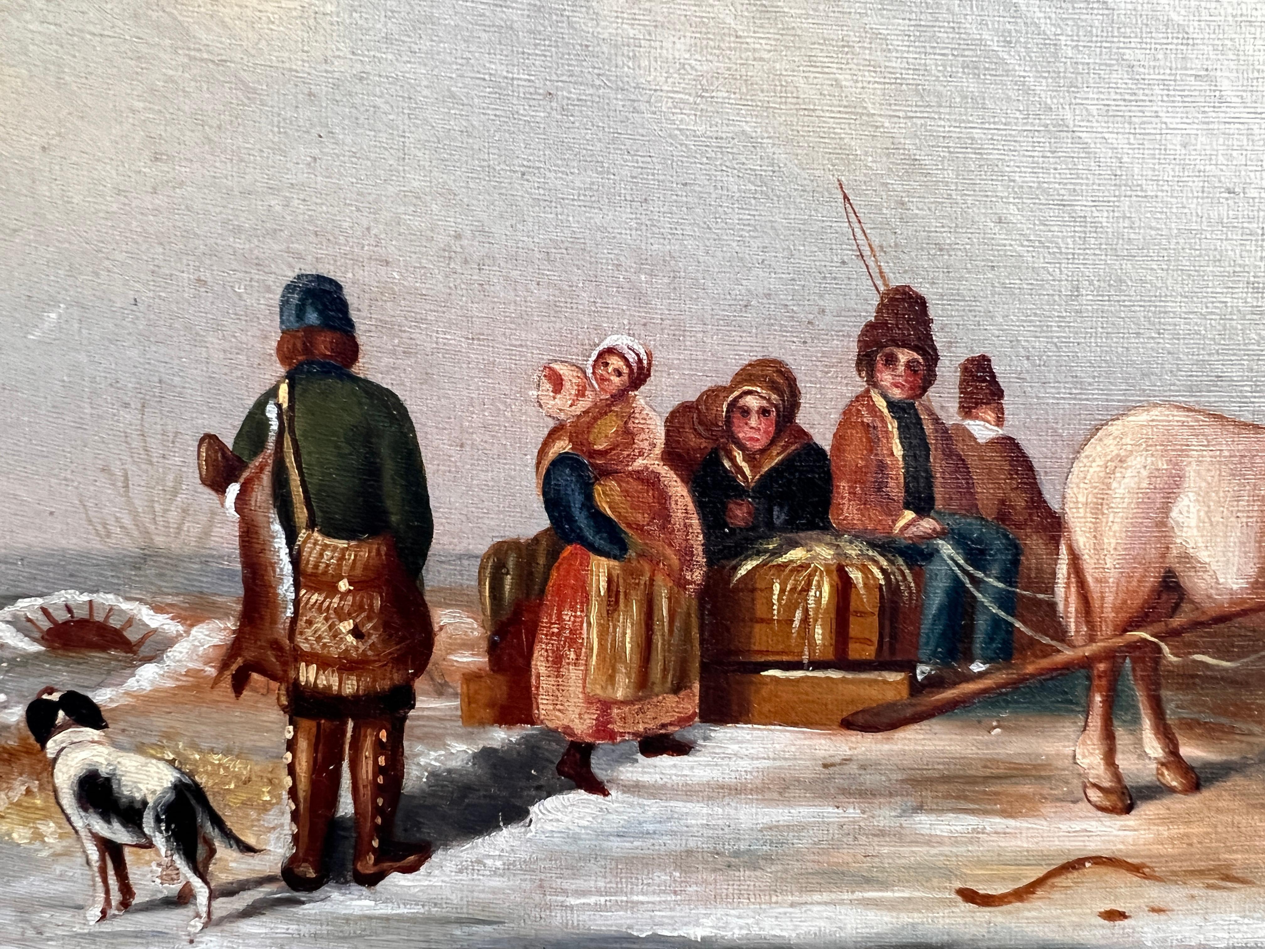 Antique oil painting on canvas, Winter Landscape, Village, figures. Framed For Sale 3