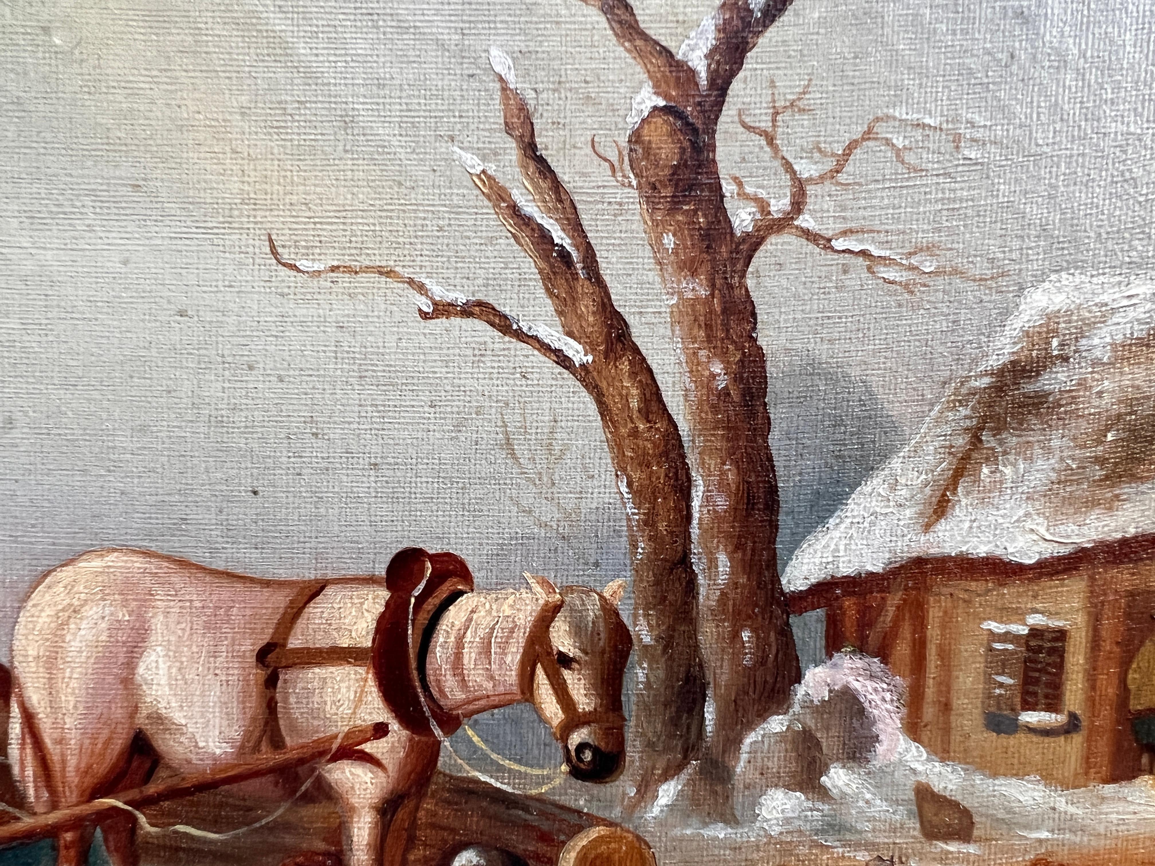 Antique oil painting on canvas, Winter Landscape, Village, figures. Framed For Sale 5