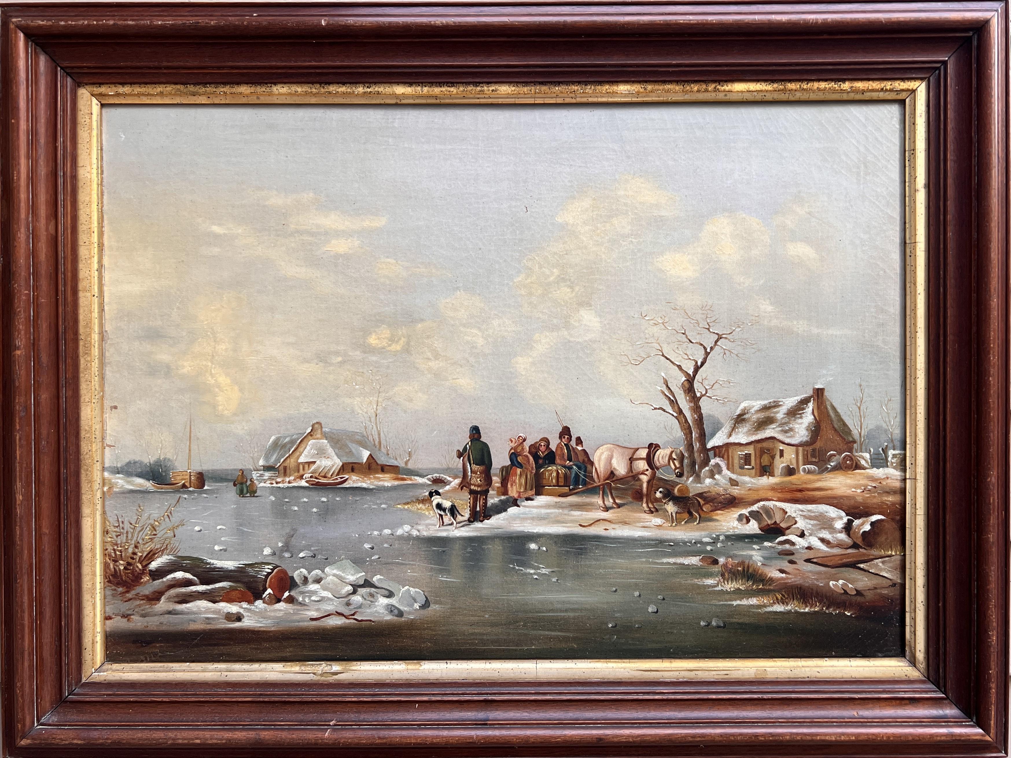 Unknown Landscape Painting - Antique oil painting on canvas, Winter Landscape, Village, figures. Framed