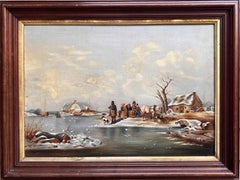 Antikes Ölgemälde auf Leinwand, Winterlandschaft, Dorf, Figuren. Gerahmt