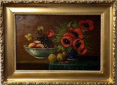 Peinture à l'huile ancienne sur bois, nature morte, fruits et fleurs, encadrée, signée