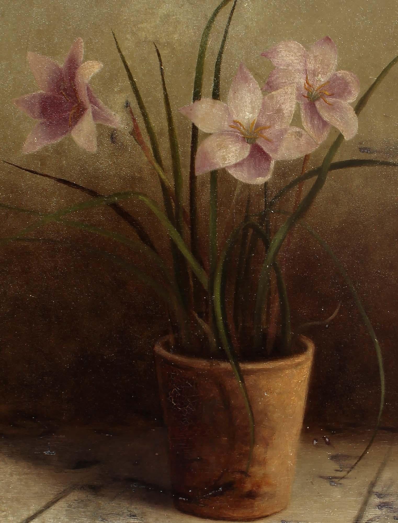 Peinture à l'huile ancienne - Nature morte - Cadre original signé - Lilly Floral - Encadré - Réalisme Painting par Unknown