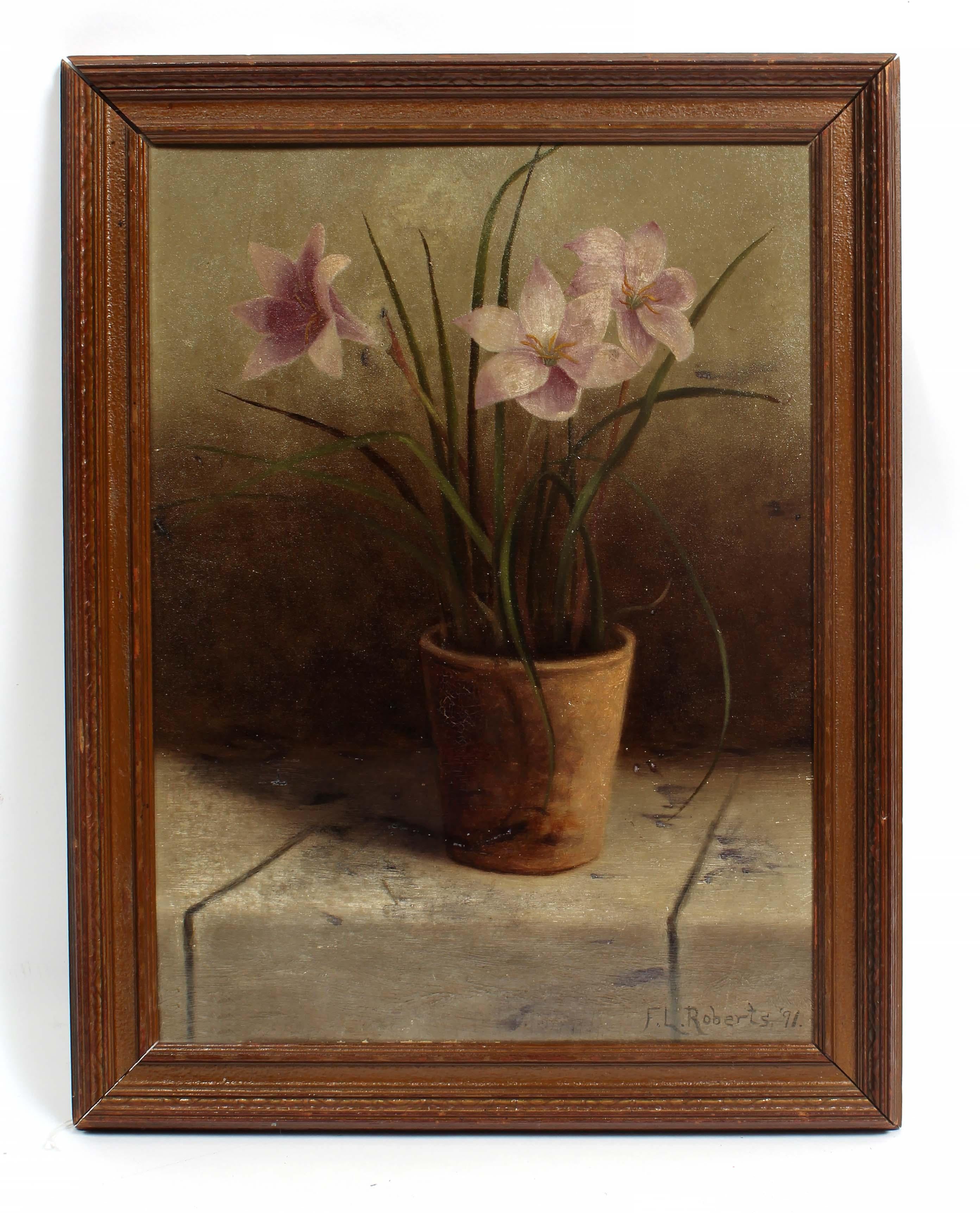 Peinture à l'huile ancienne - Nature morte - Cadre original signé - Lilly Floral - Encadré 1