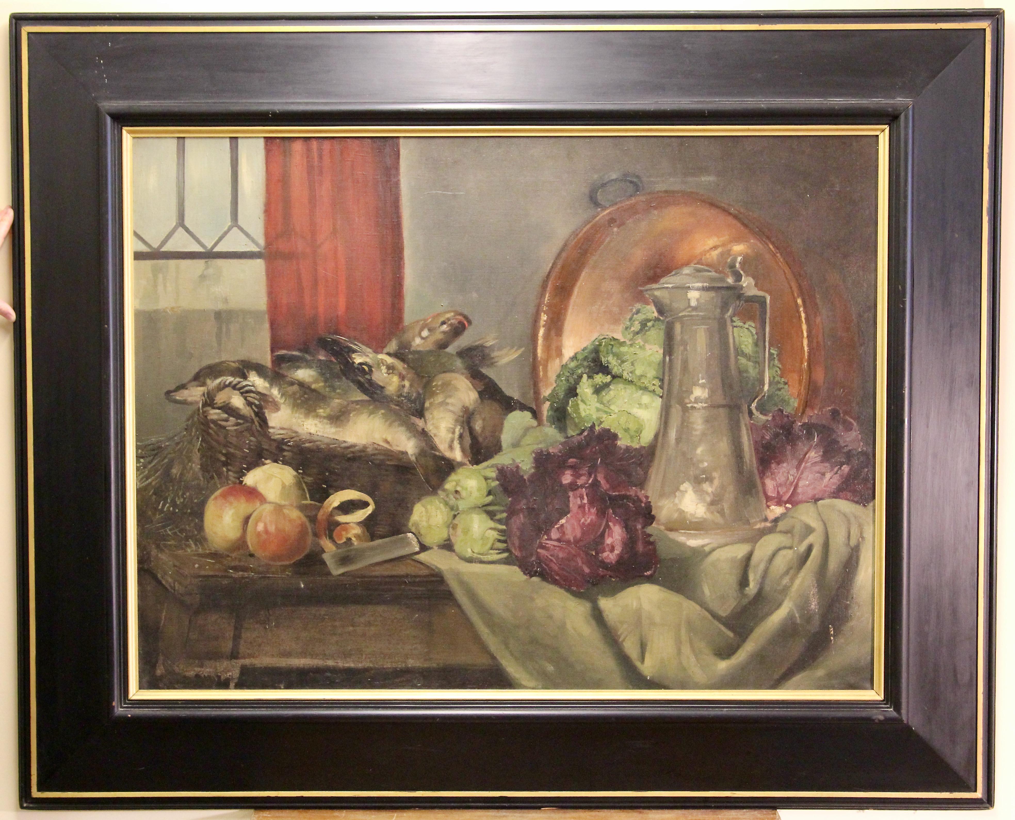 Antikes Ölgemälde, Stillleben mit frischen Fischen, Apfeln, Zwiebeln und Zinnkrug – Painting von Unknown