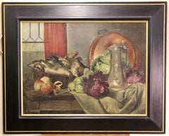 Antique Oil Painting, Still Life with fresh Fish, Apples, Lettuce and Pewter Jug