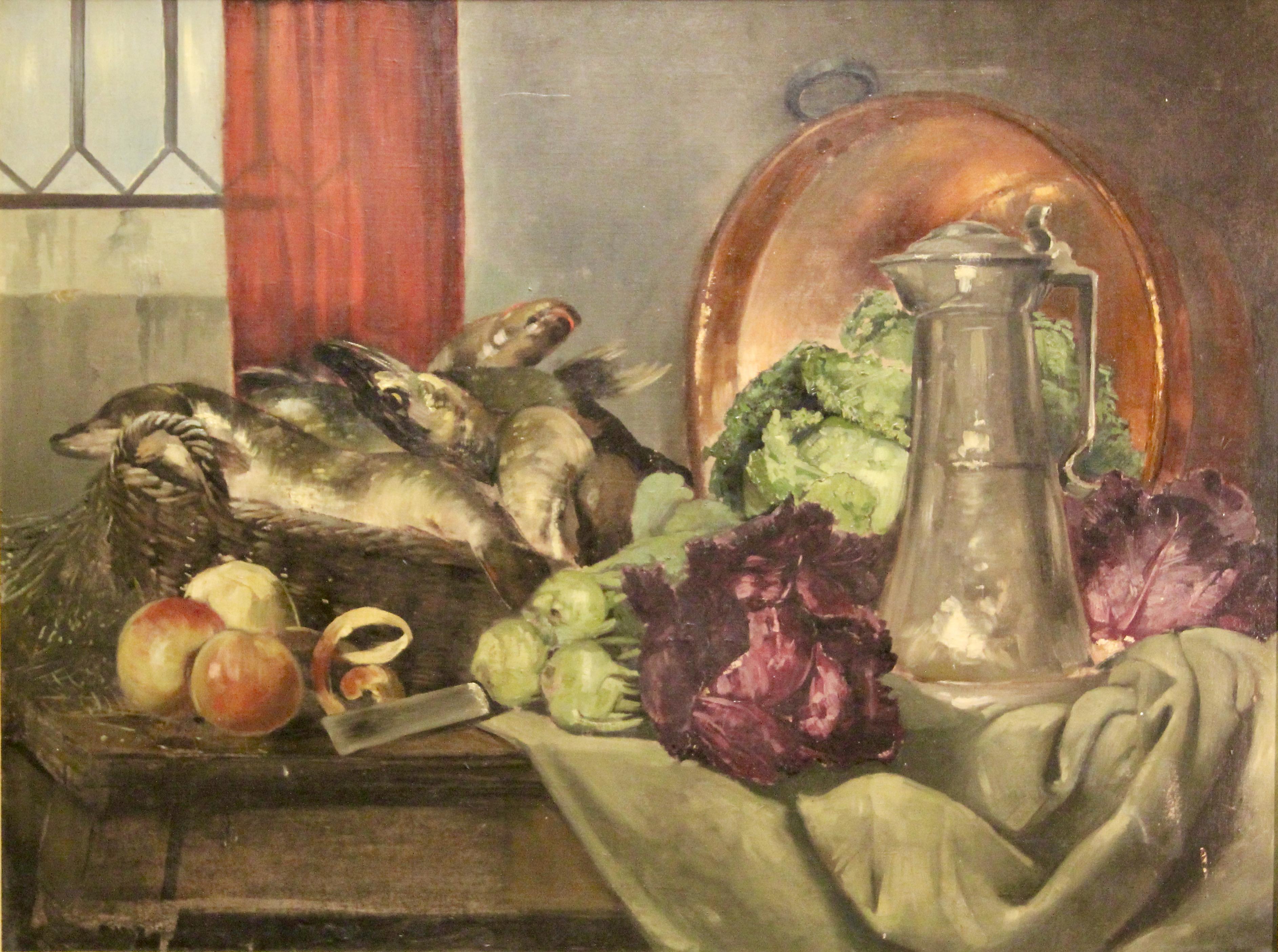 Antikes Ölgemälde, Stillleben mit frischen Fischen, Apfeln, Zwiebeln und Zinnkrug (Braun), Still-Life Painting, von Unknown