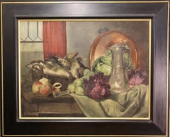 Peinture à l'huile ancienne, nature morte avec poissons frais, pommes, citronnier et cruche en étain