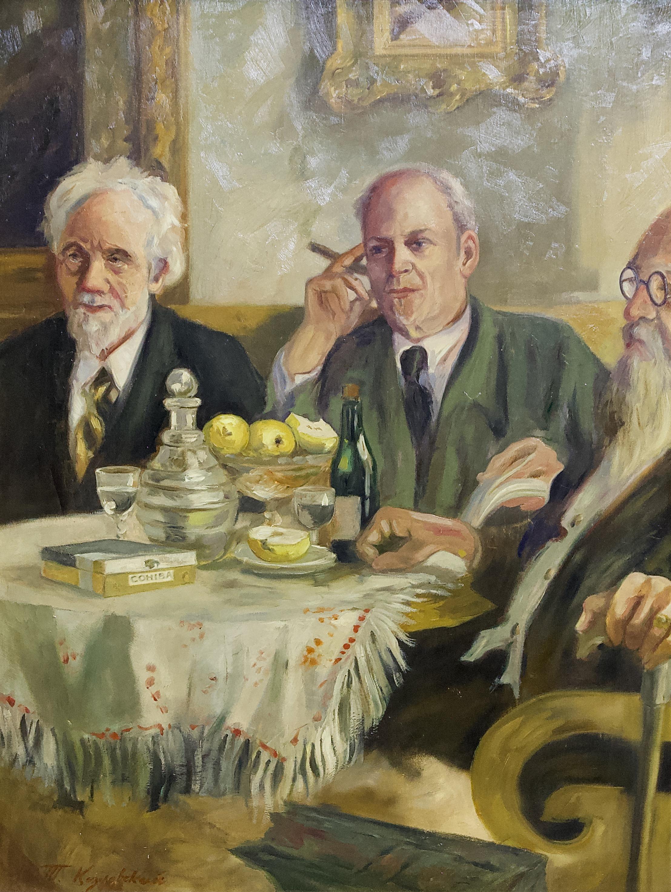 Antique Russian Oil Painting, Table Round with Three Gentlemen in a Club.