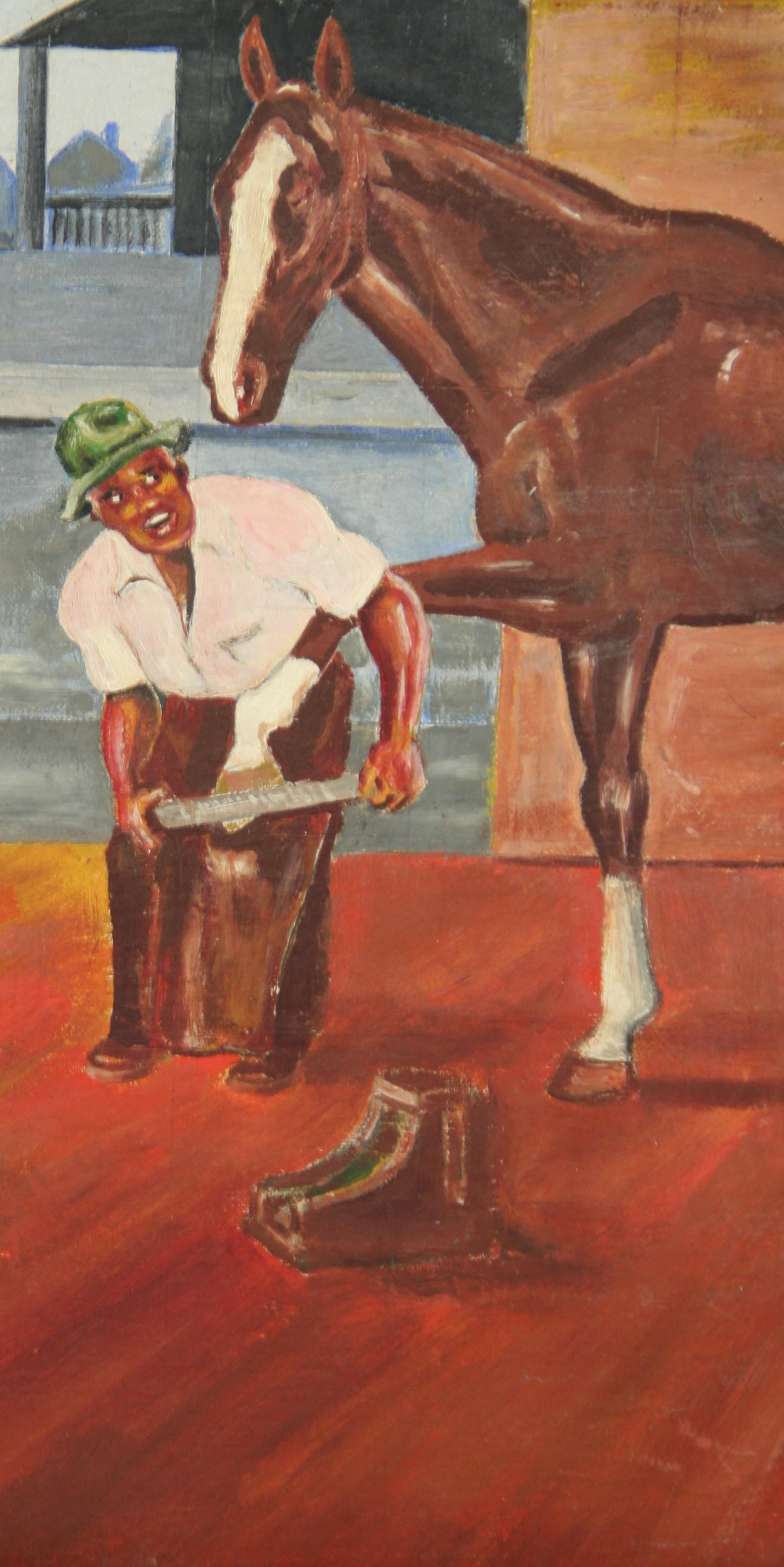 Pittura ad olio antica La bottega del fabbro 1940 in vendita 4