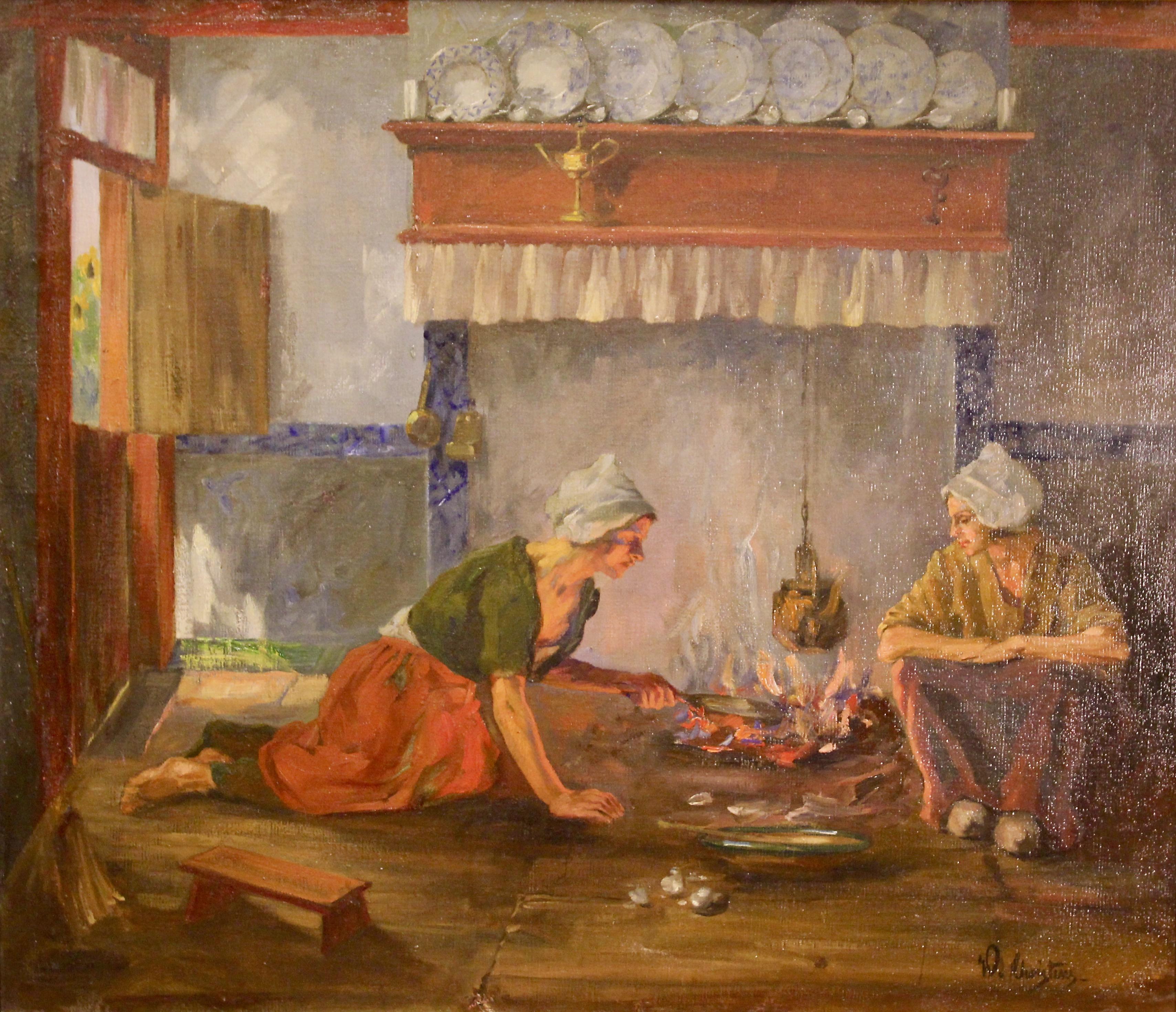 Antique Oil Painting, "The Cook" Interior Scene with two Ladies, Women.  