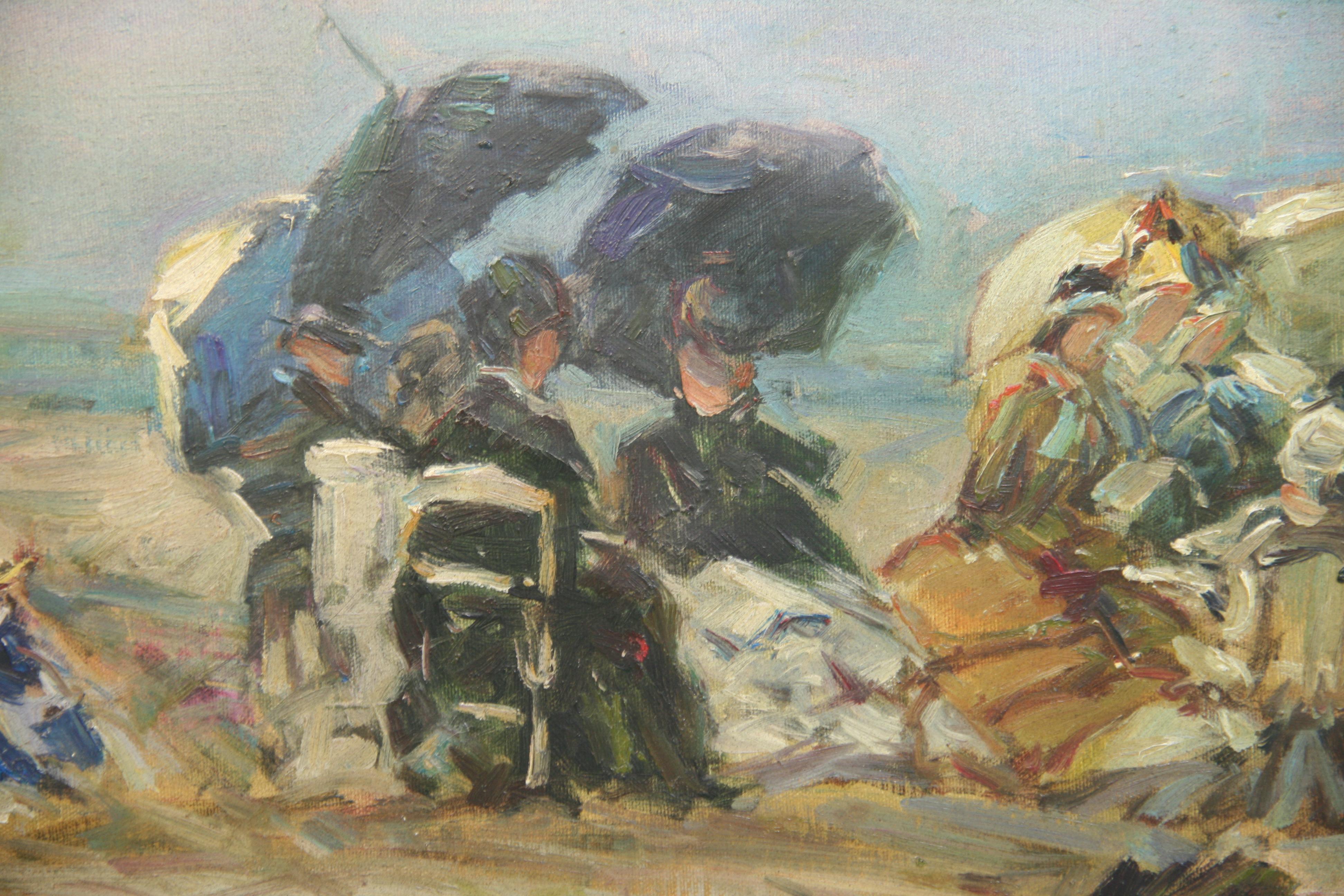 Antique Oil Painting Victorian Family Beach Outing For Sale 7
