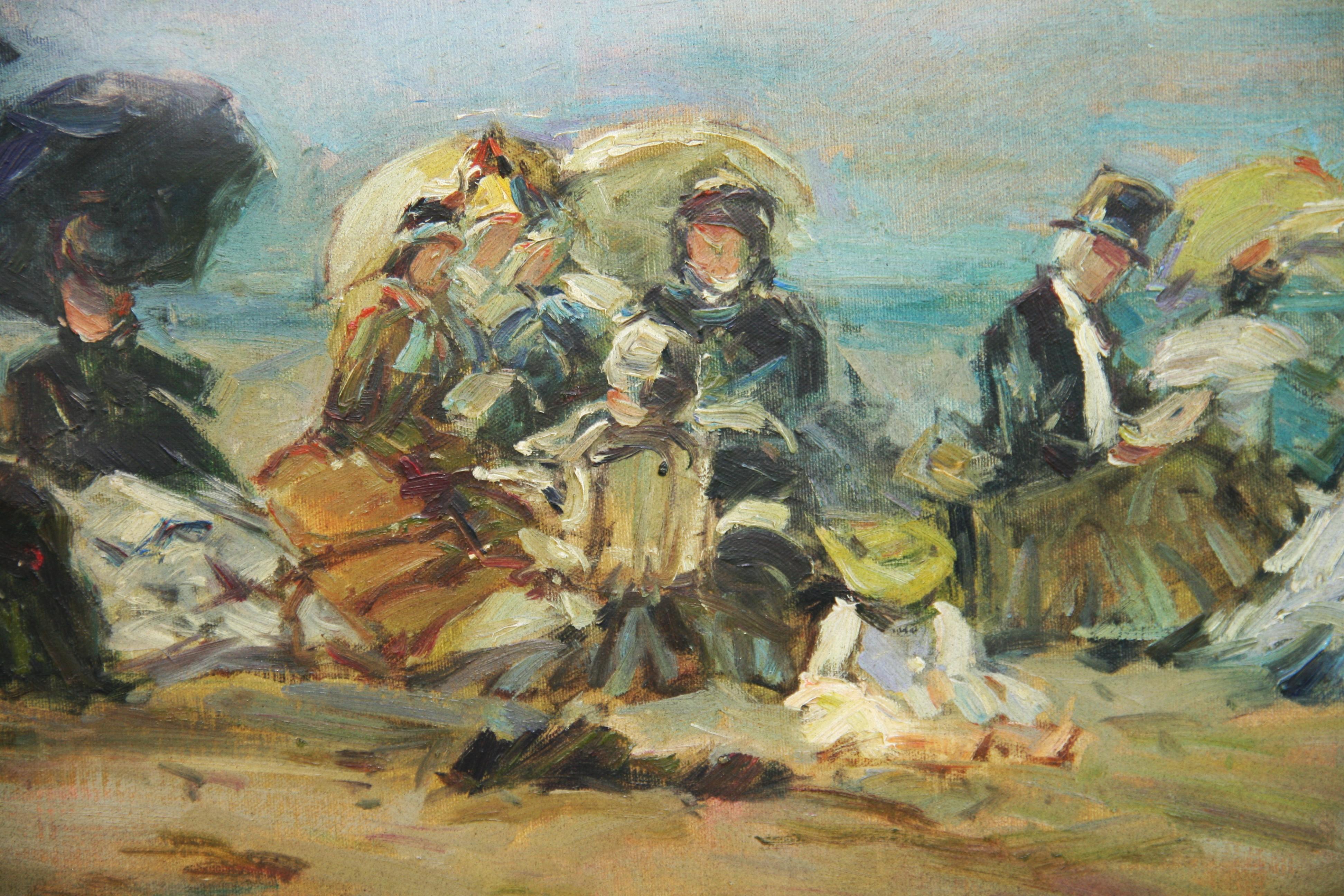 Antique Oil Painting Victorian Family Beach Outing For Sale 2