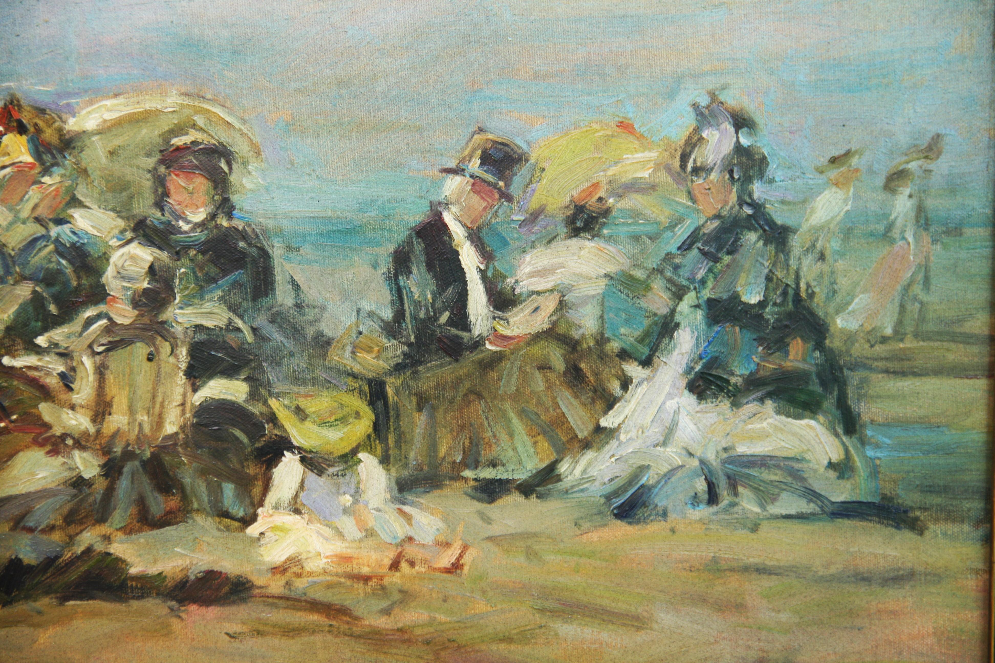 Antique Oil Painting Victorian Family Beach Outing For Sale 3