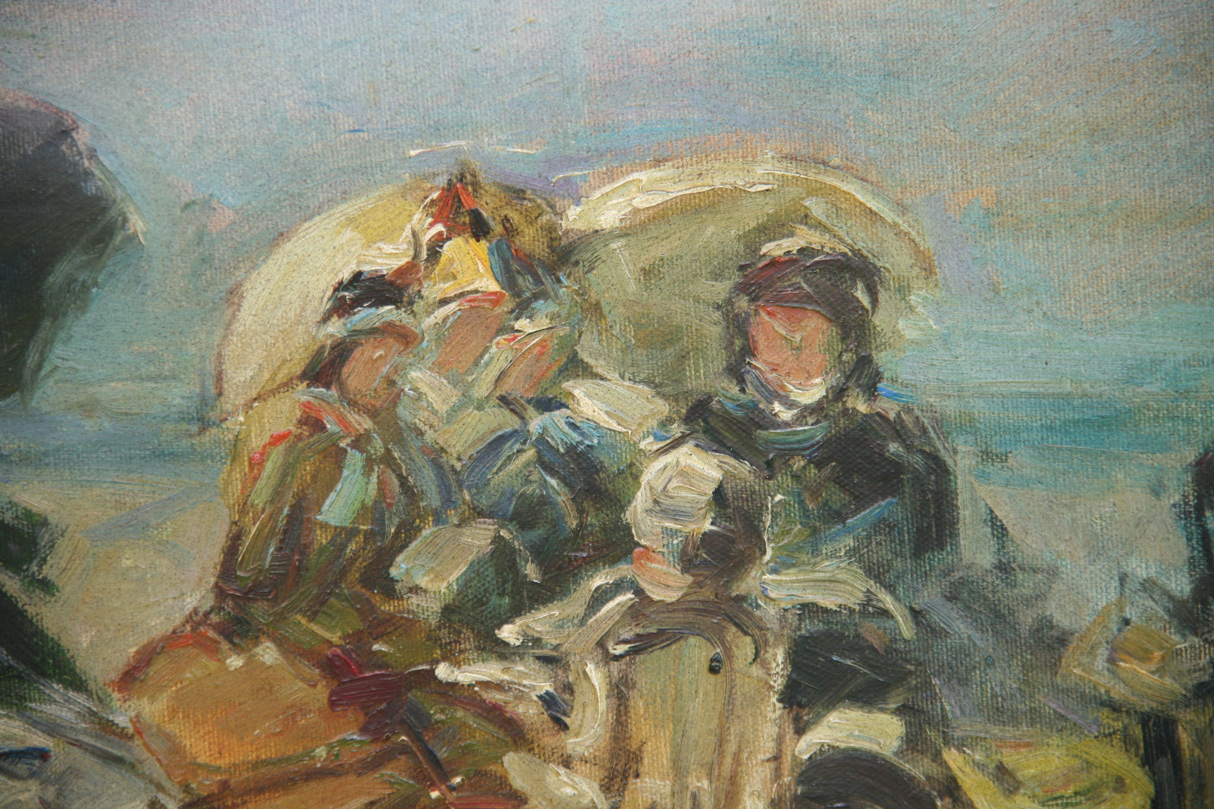 Antique Oil Painting Victorian Family Beach Outing For Sale 5