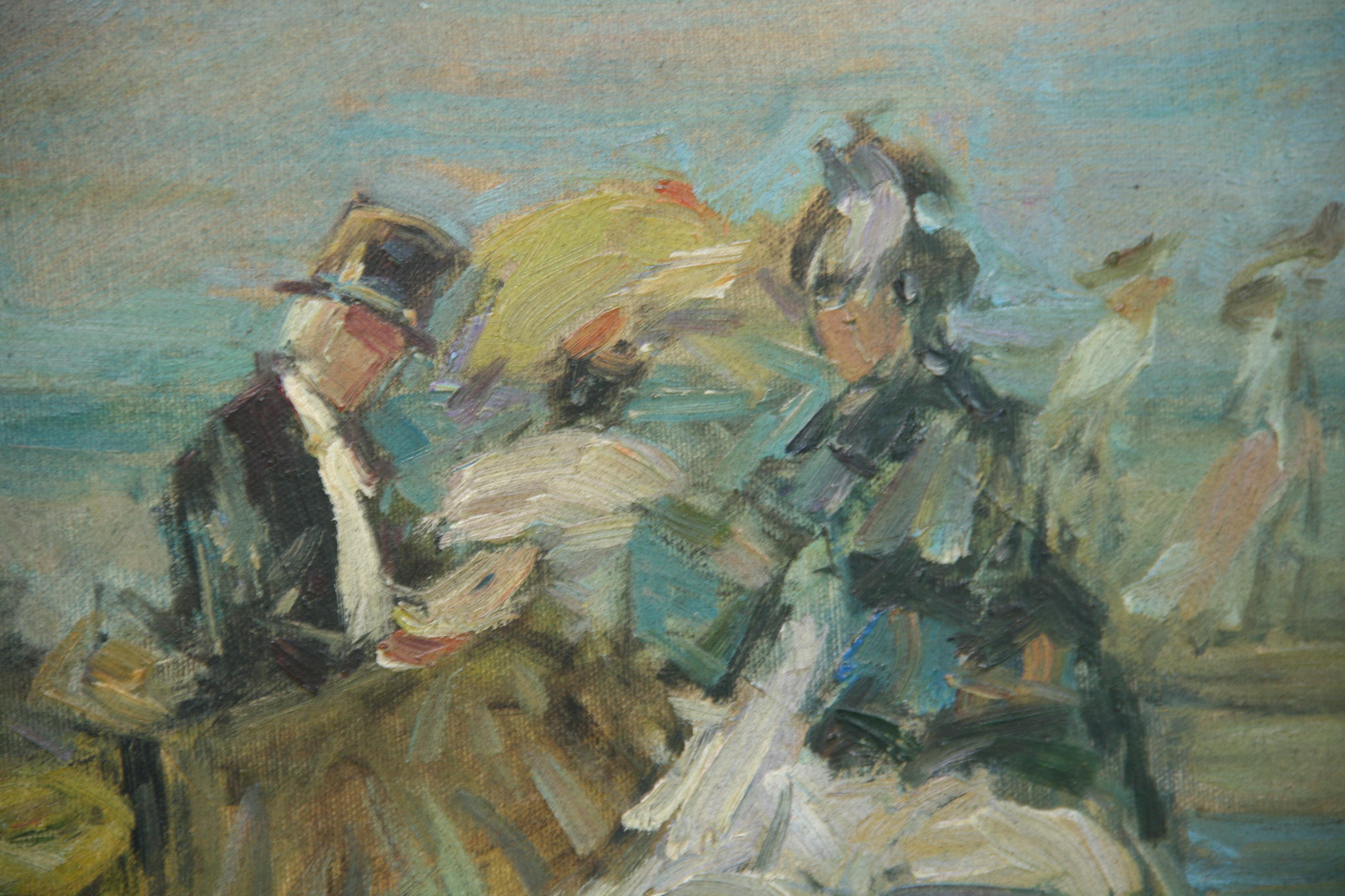 Antique Oil Painting Victorian Family Beach Outing For Sale 6