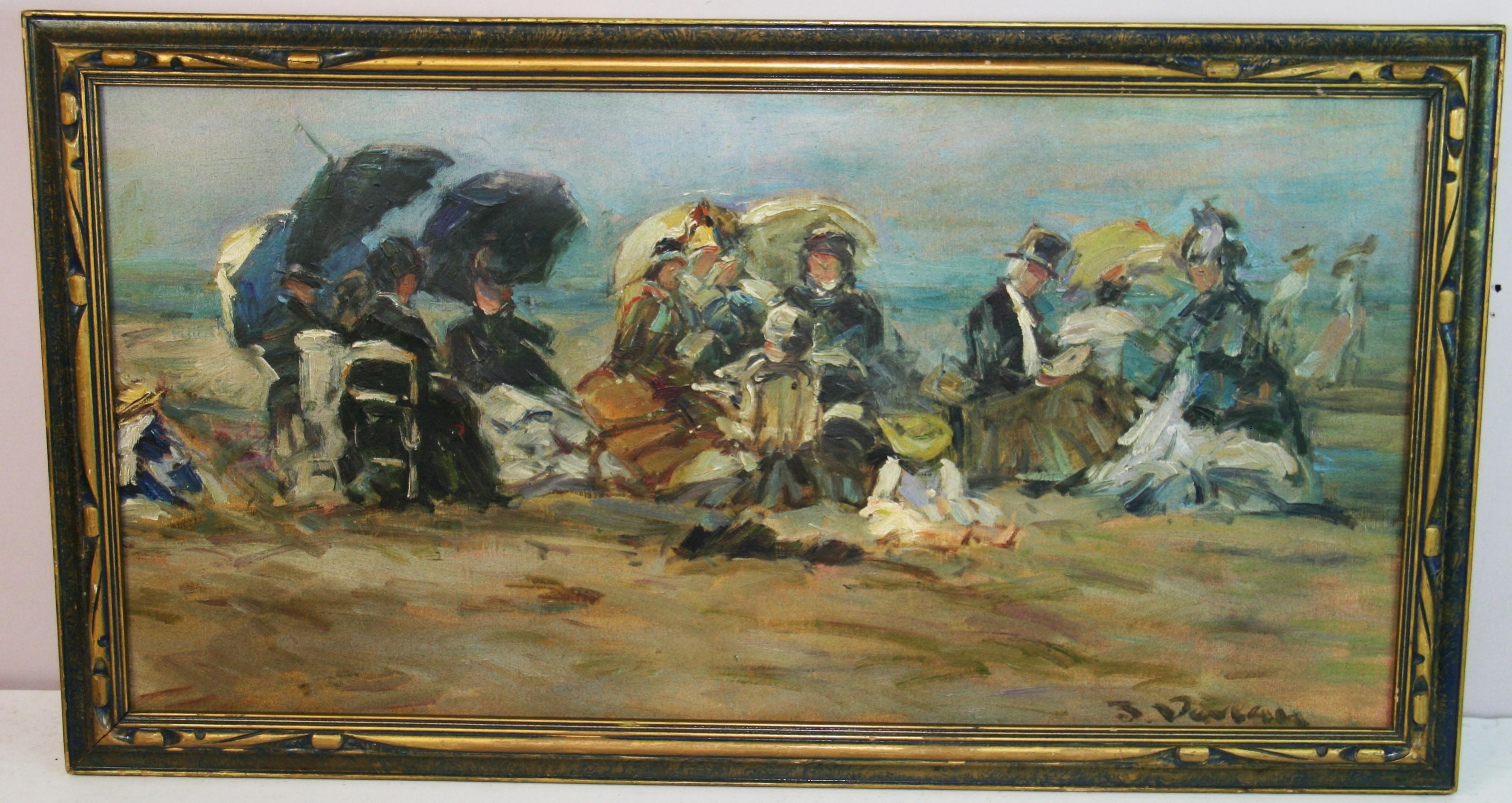 Unknown Figurative Painting - Antique Oil Painting Parisians having a Family Picnic on the Beach