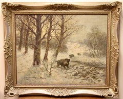 Antique Oil Painting, Winter Landscape with Wild Boars. Hunting Scene.