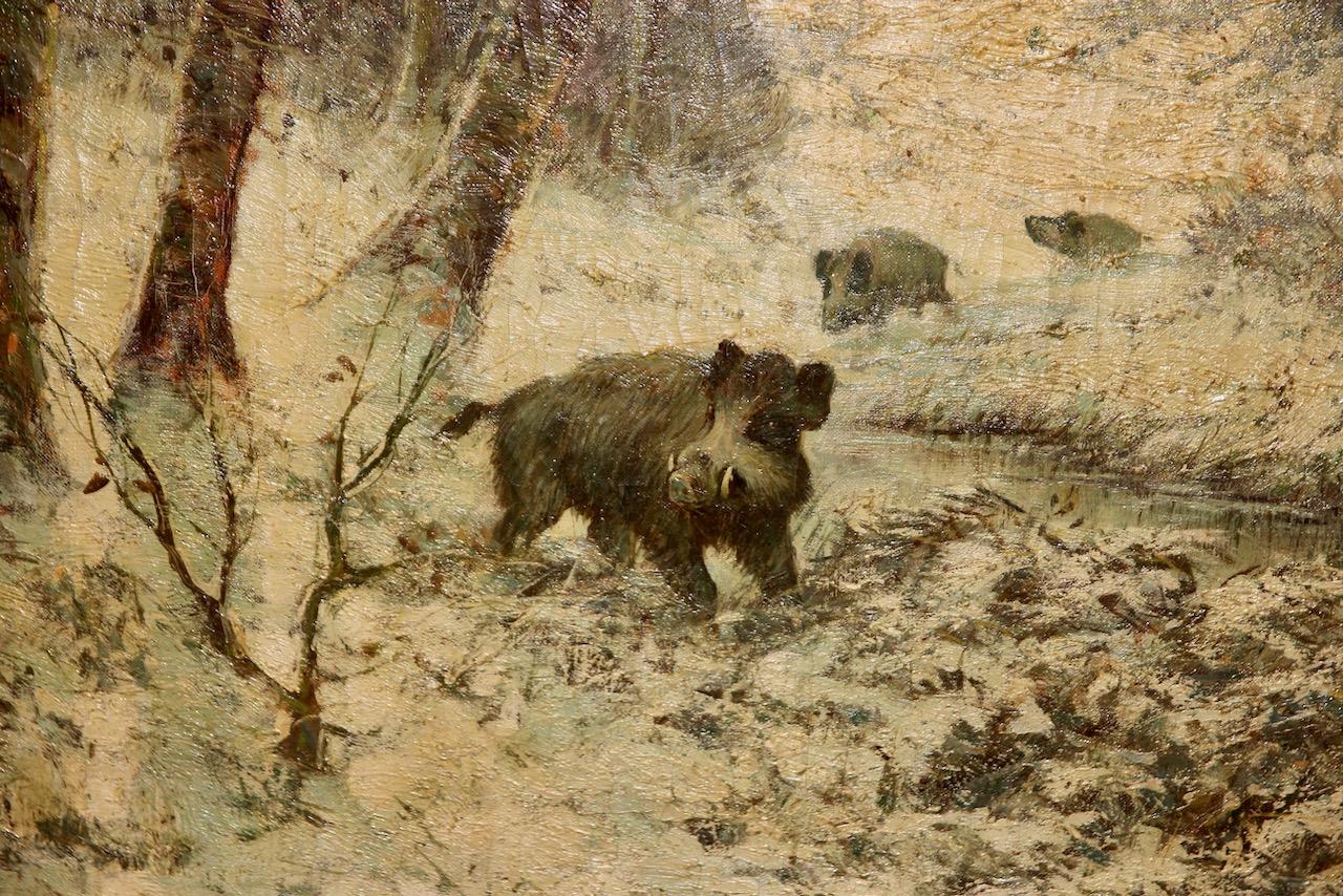 Antique Oil Painting, Winter Landscape with Wild Boars. Hunting Scene. For Sale 2