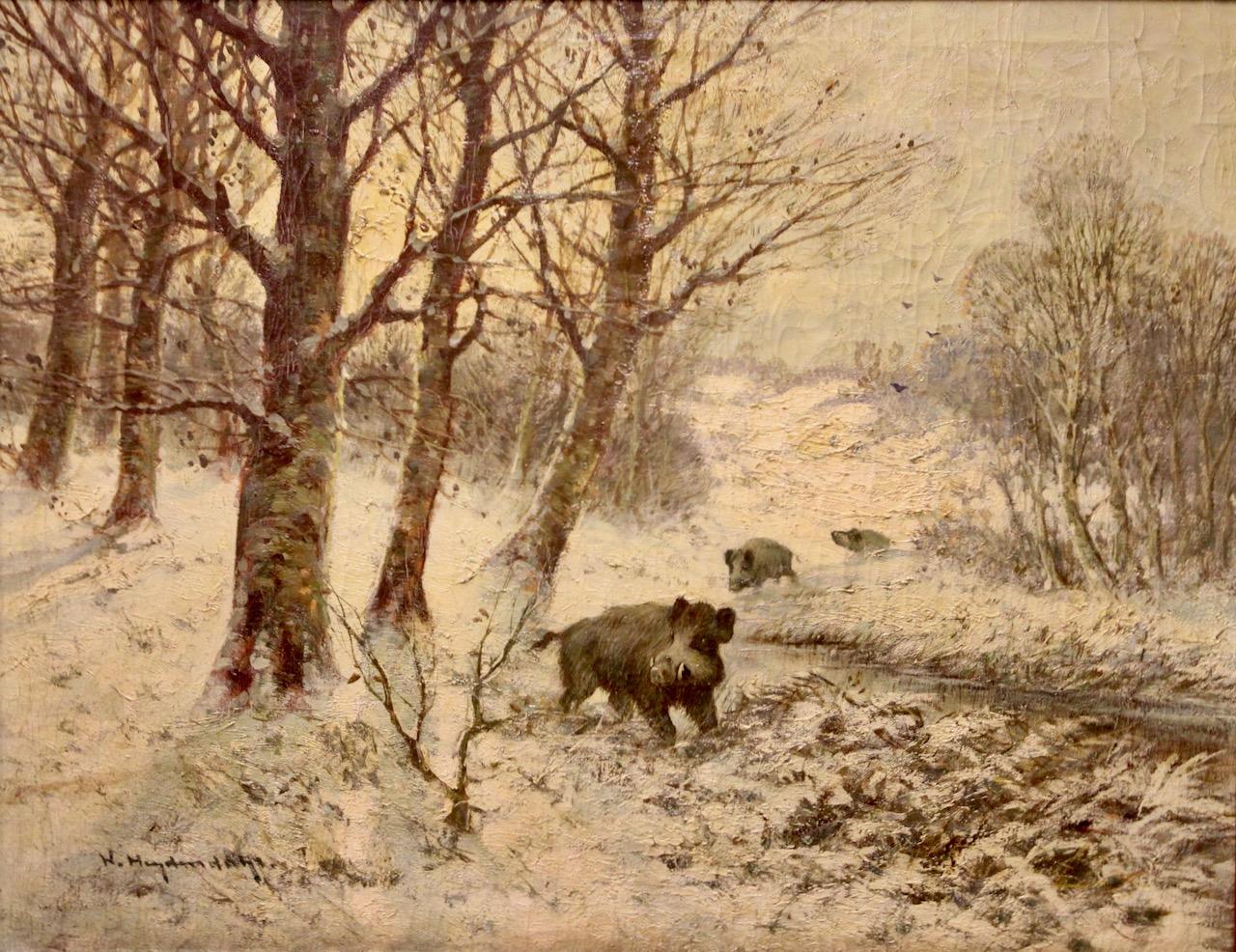 Antique Oil Painting, Winter Landscape with Wild Boars. Hunting Scene.
