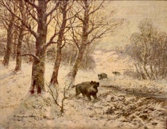 Peinture à l'huile ancienne, paysage d'hiver avec rameaux sauvages. Scène de chasse.