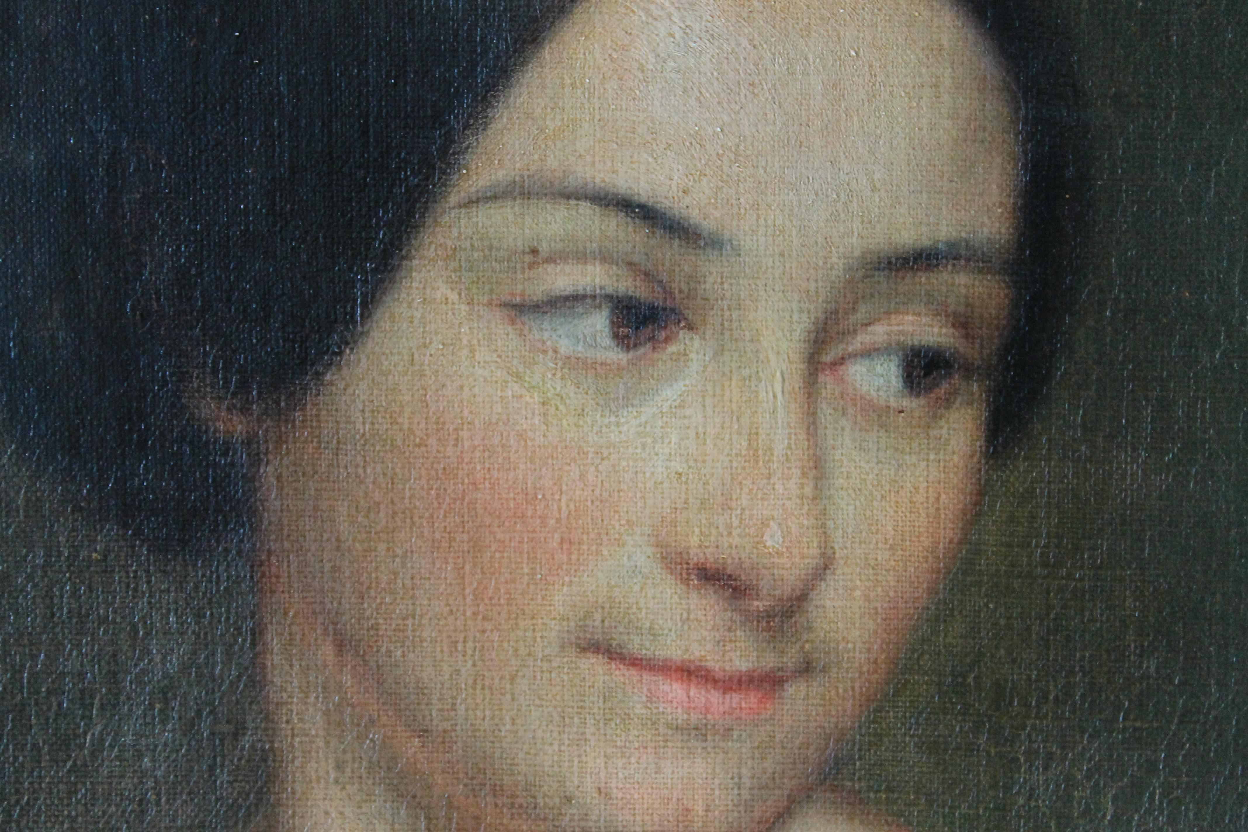 Portrait ancien à l'huile d'une femme dans un cadre ovale, portrait du 19ème siècle. - Victorien Painting par Unknown