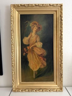 Ritratto a olio d'epoca di una giovane donna europea, cornice dorata, XIX secolo
