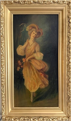 Ritratto a olio d'epoca di una giovane donna europea, cornice dorata, XIX secolo