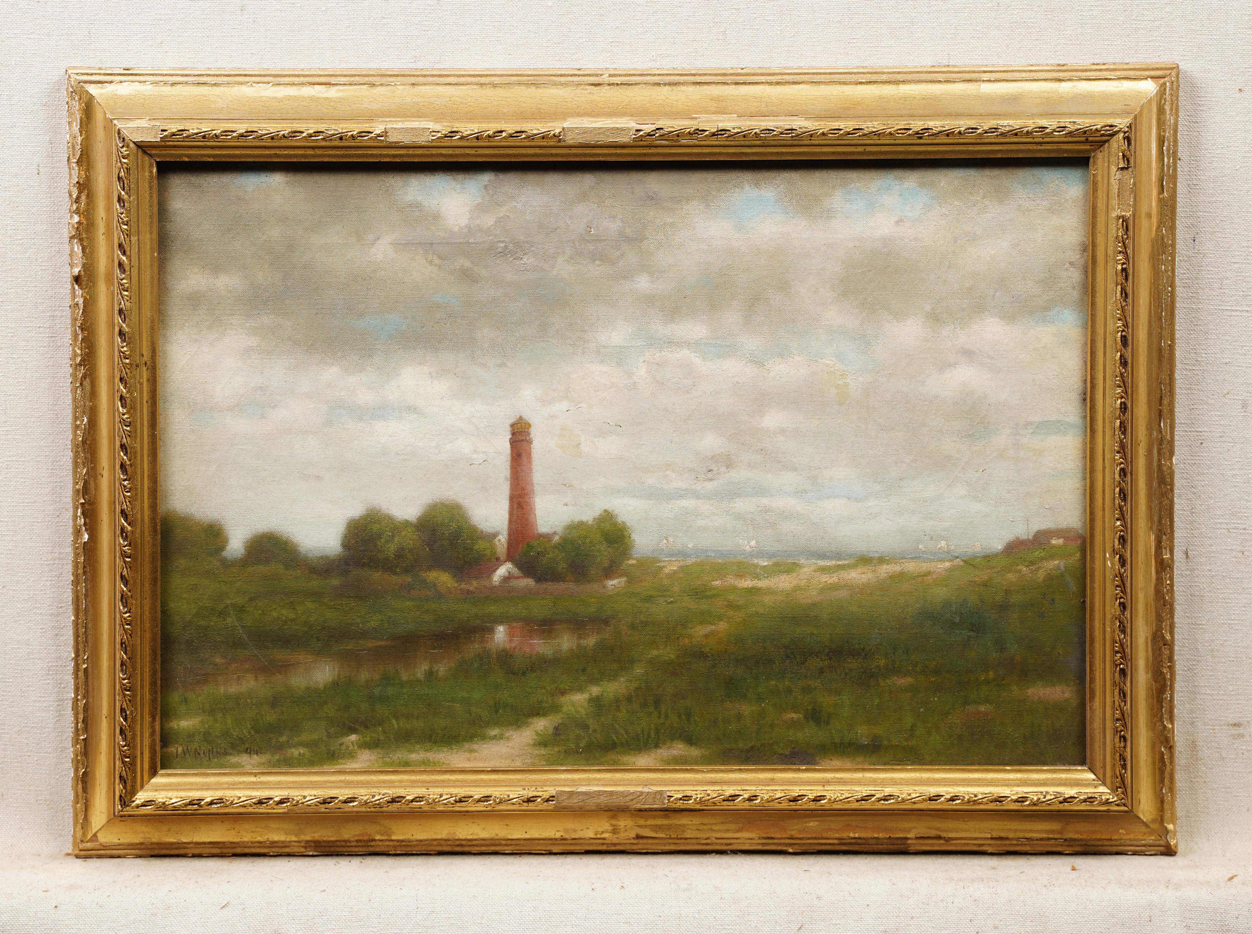 Antique Old Florida Southern School Beach Lighthouse Framed Seascape Painting For Sale 1