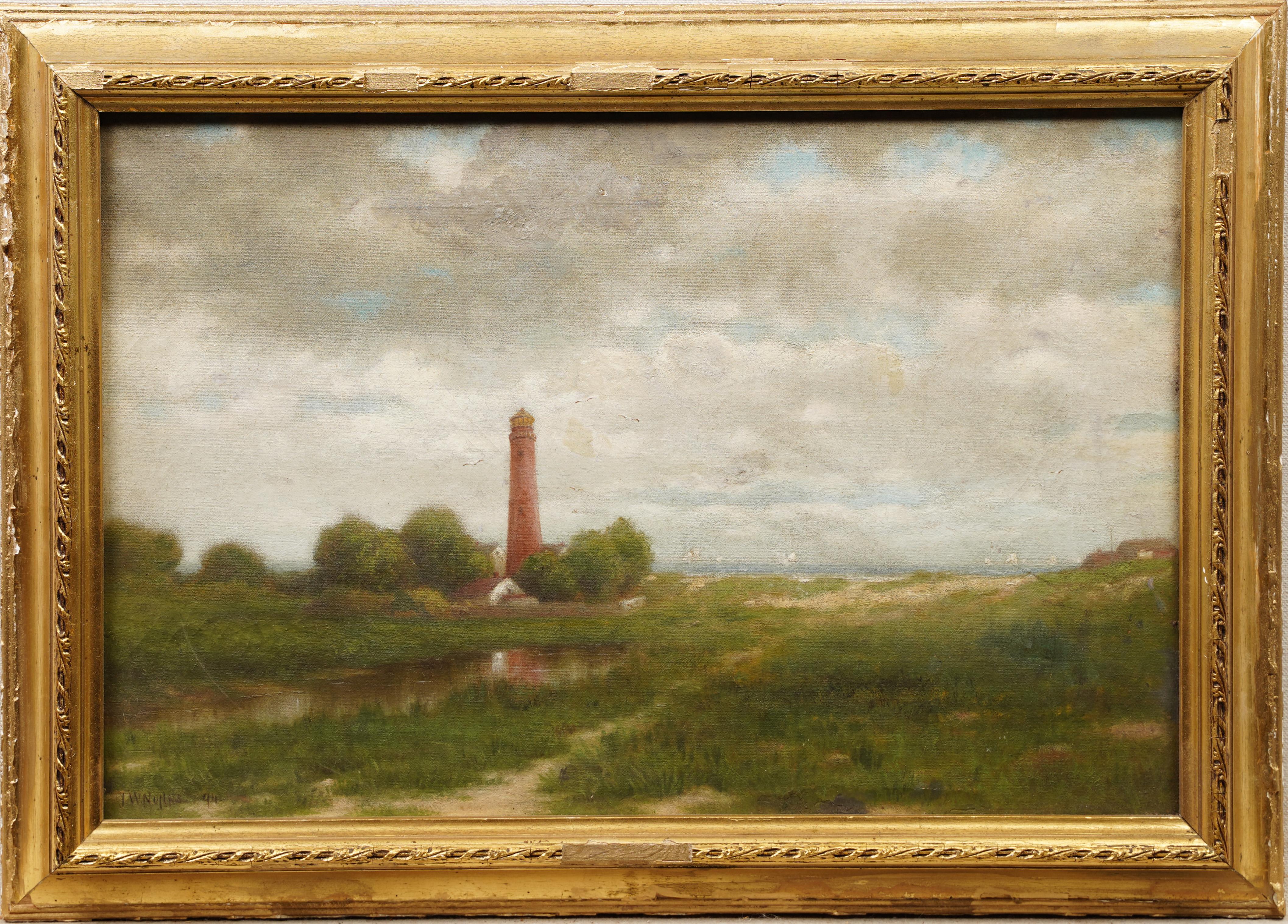 Landscape Painting di Unknown - Antico dipinto di paesaggio marino incorniciato della vecchia Florida Southern School Beach Lighthouse