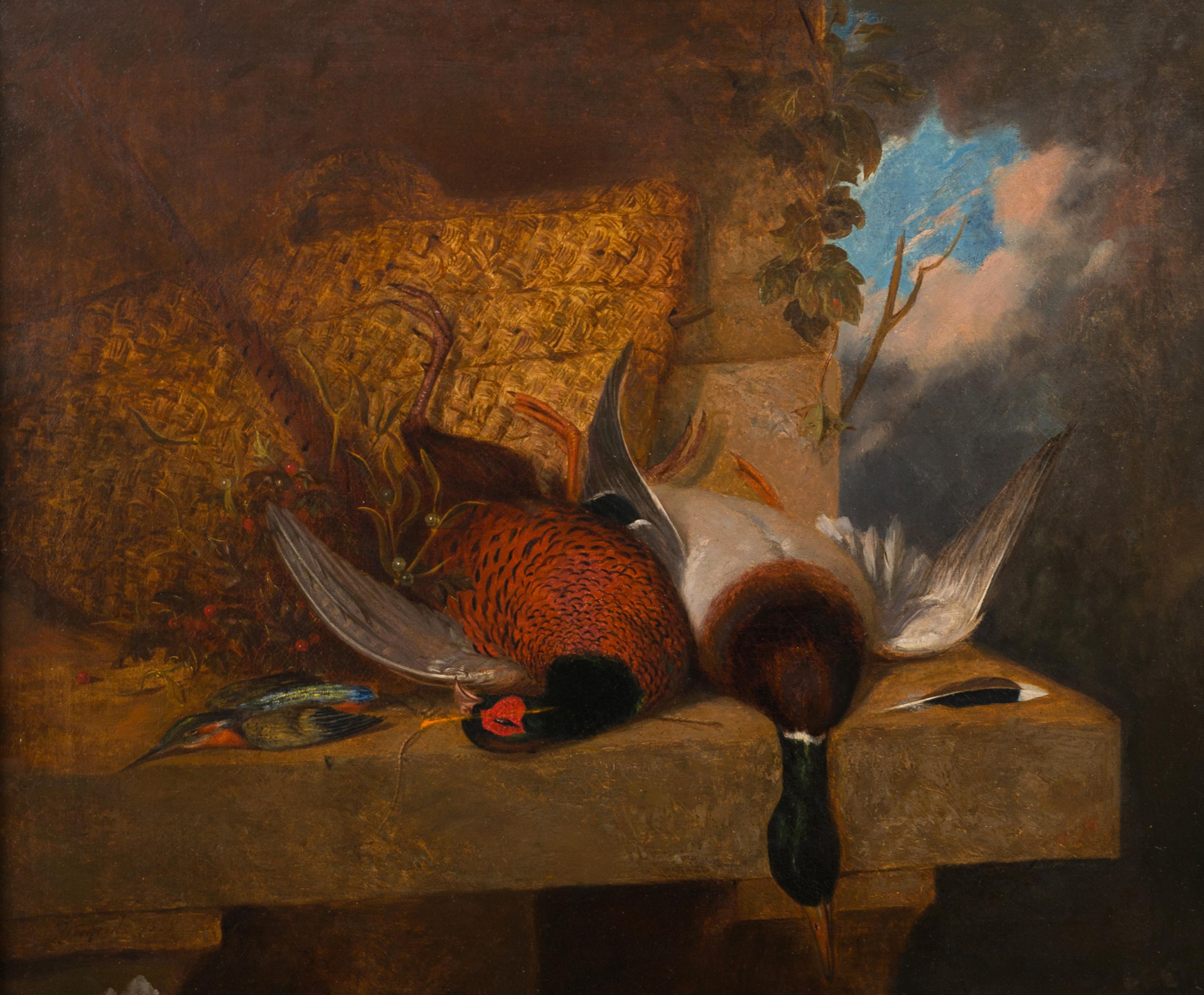 Antico dipinto ad olio incorniciato di un vecchio maestro della Continental School con la natura morta di un uccello - Animal Painting Nero di Unknown