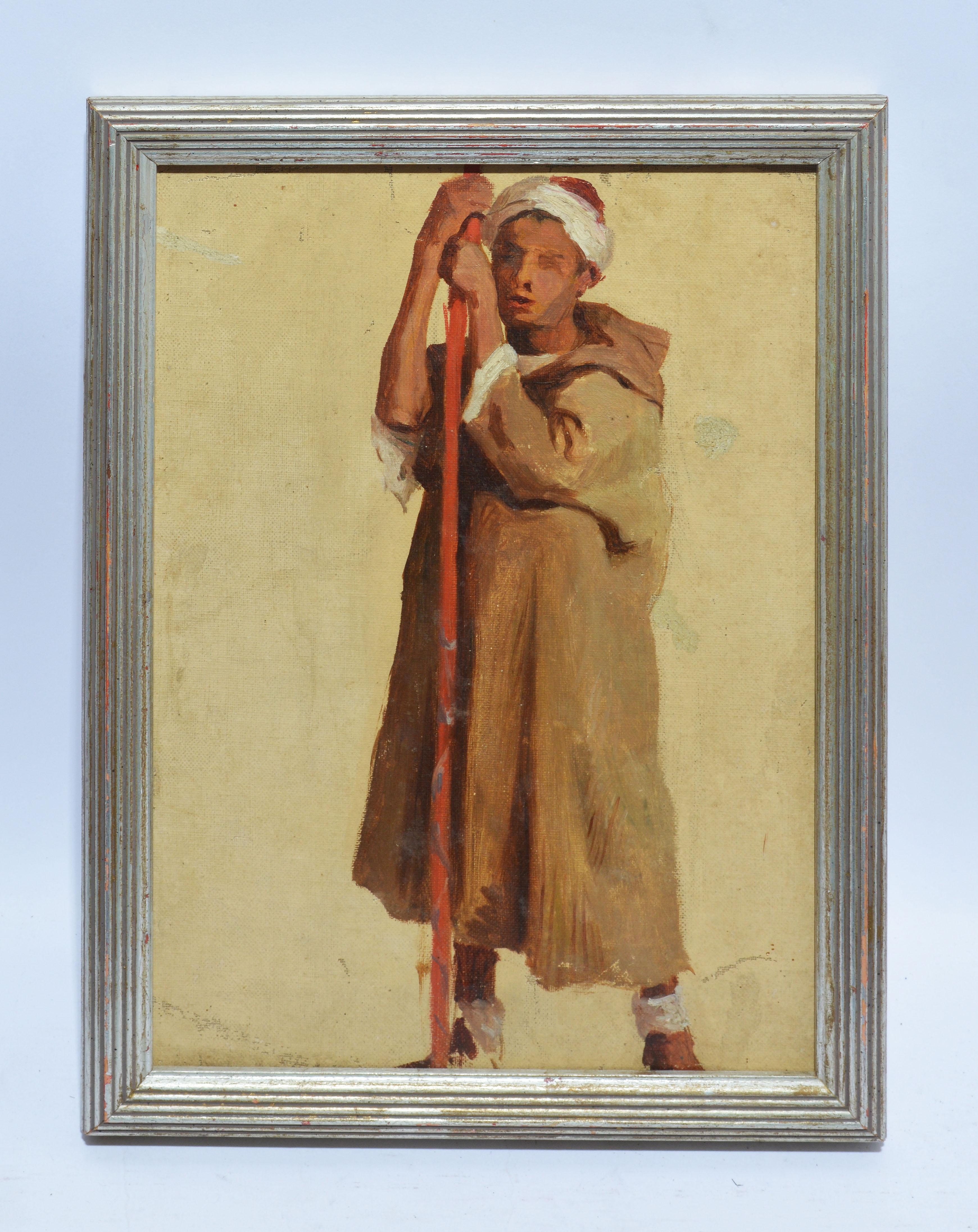 Antique Orientalist Oil Painting Portrait of Young Sheppard Man - Brown Abstract Painting by Unknown