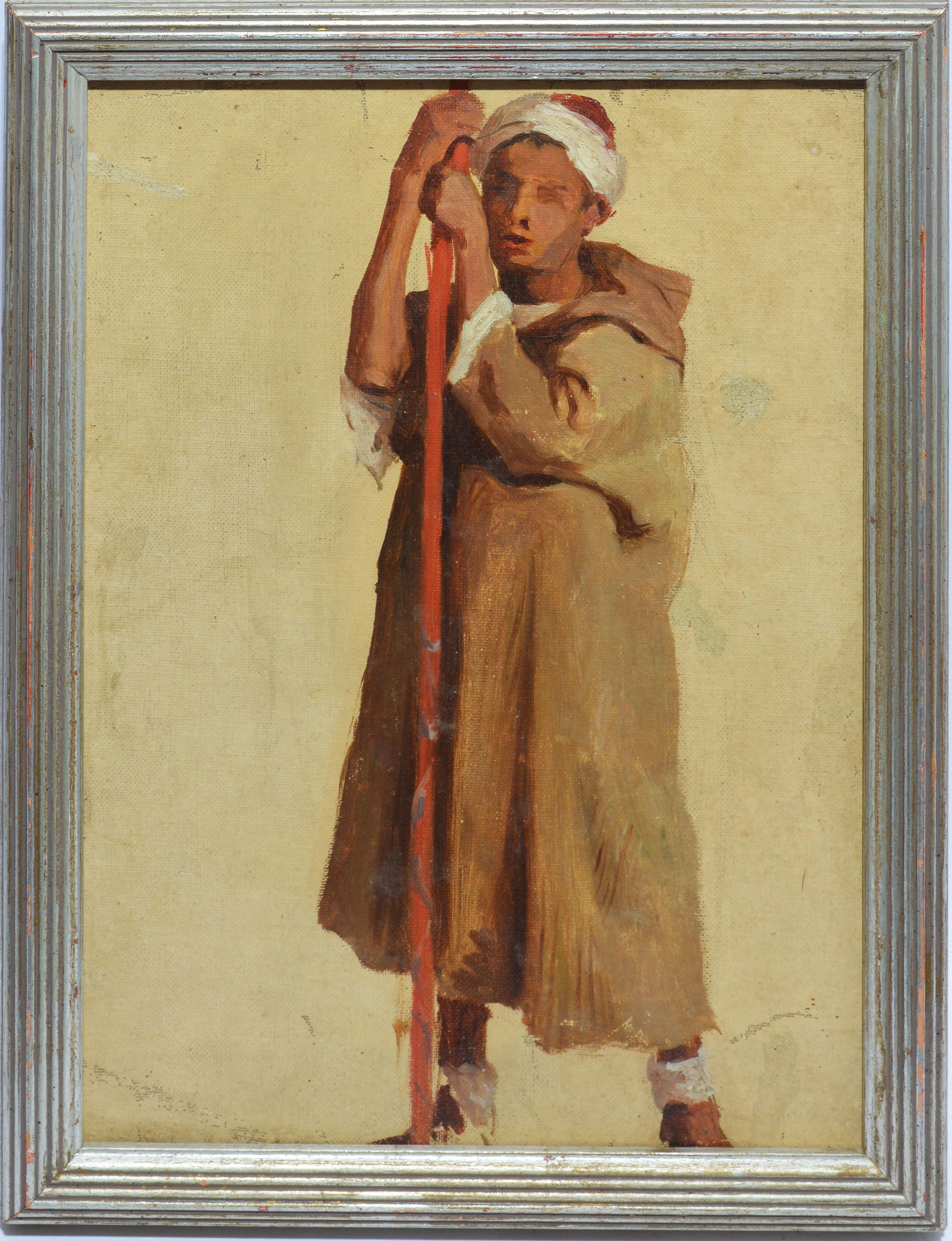 Unknown Abstract Painting - Antique Orientalist Oil Painting Portrait of Young Sheppard Man
