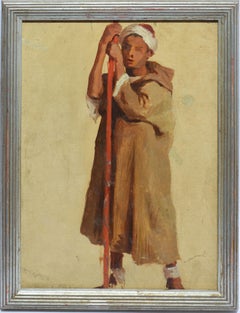 Peinture à l'huile orientaliste ancienne d'un portrait de jeune homme Sheppard