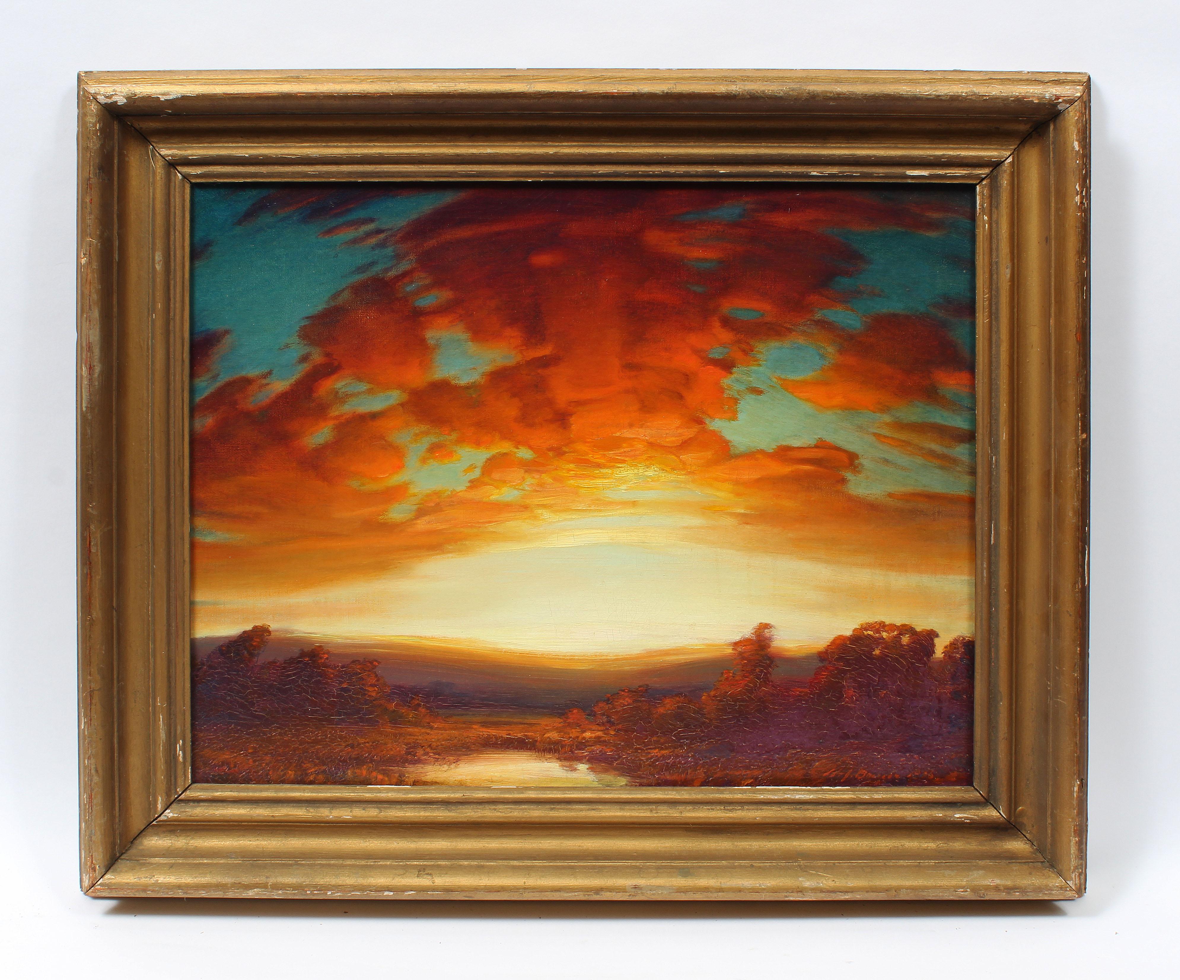 Antique Original Expansive Panoramic Blazing Sunset Signed Stunning Oil Painting - Brown Landscape Painting by Unknown