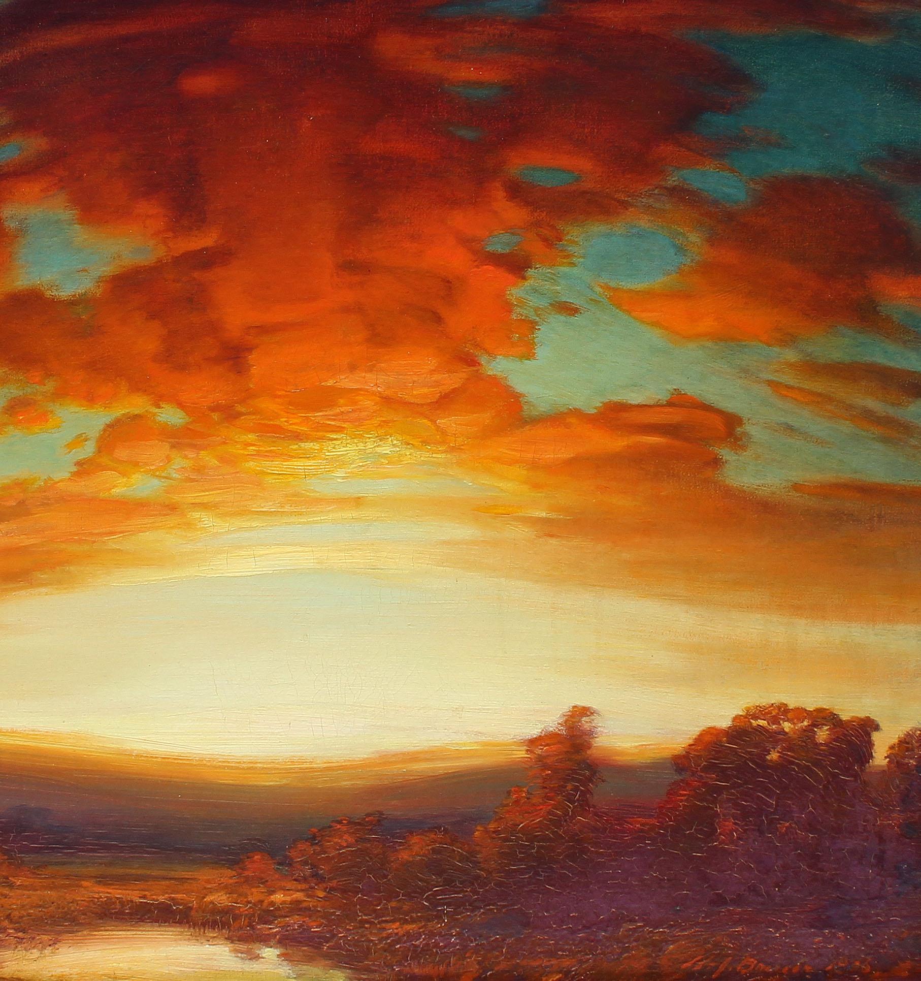 Antique Original Expansive Panoramic Blazing Sunset Signed Stunning Oil Painting 2