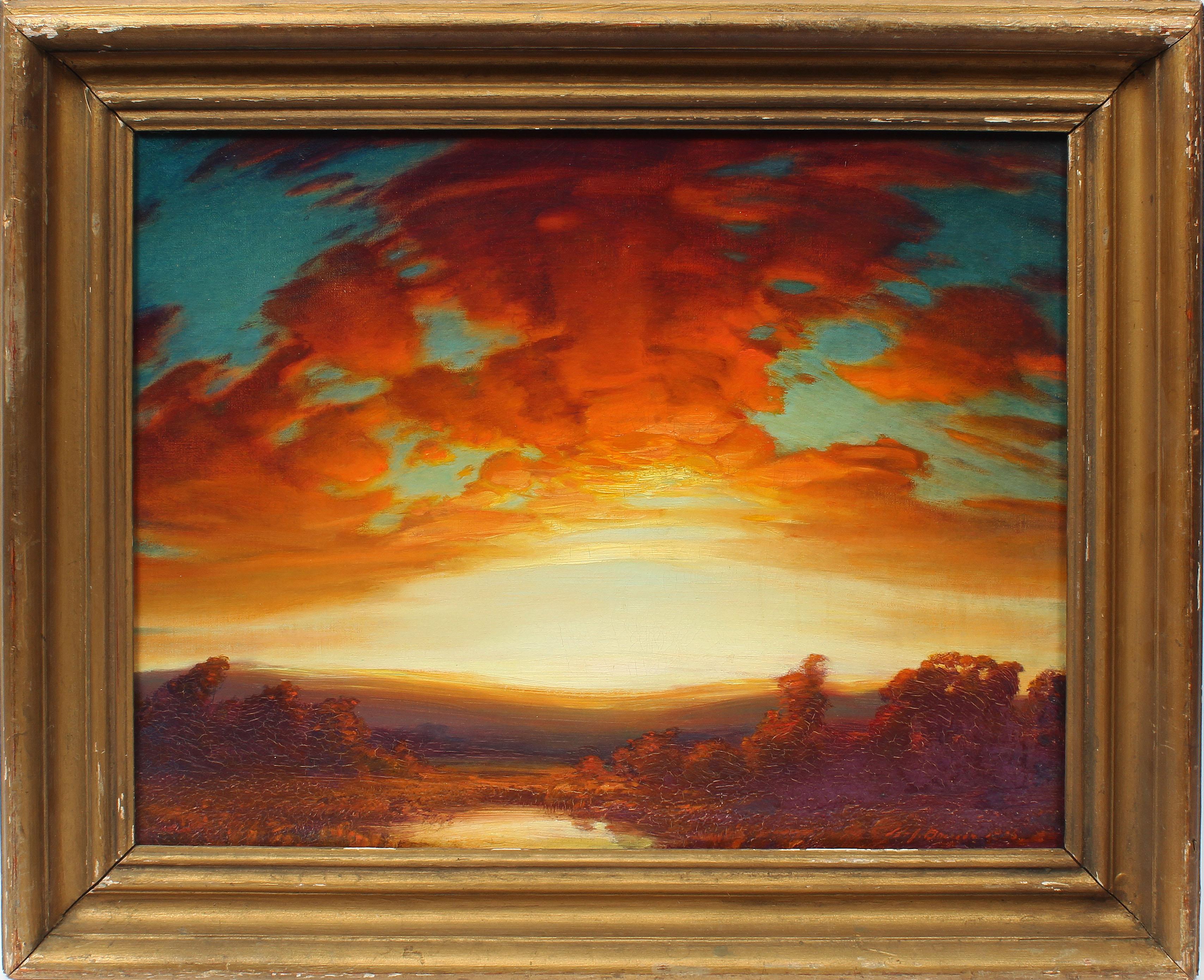 Unknown Landscape Painting - Antique Original Expansive Panoramic Blazing Sunset Signed Stunning Oil Painting