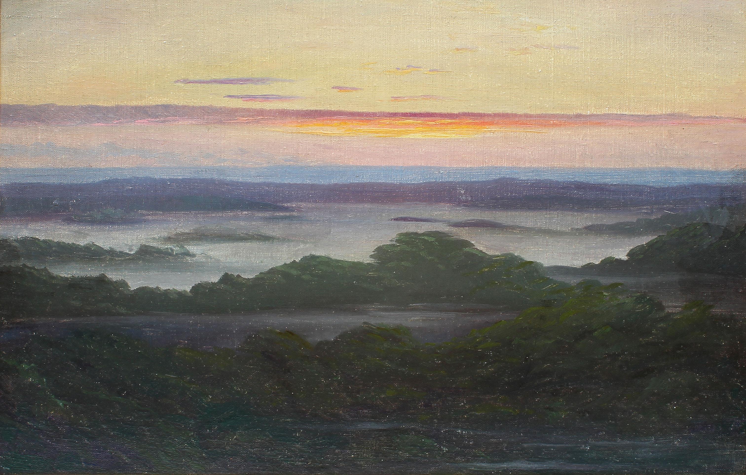 Antiguo Cuadro Original Panorámica Puesta de Sol Impresionante Hamptos LI - Painting Impresionista de Unknown