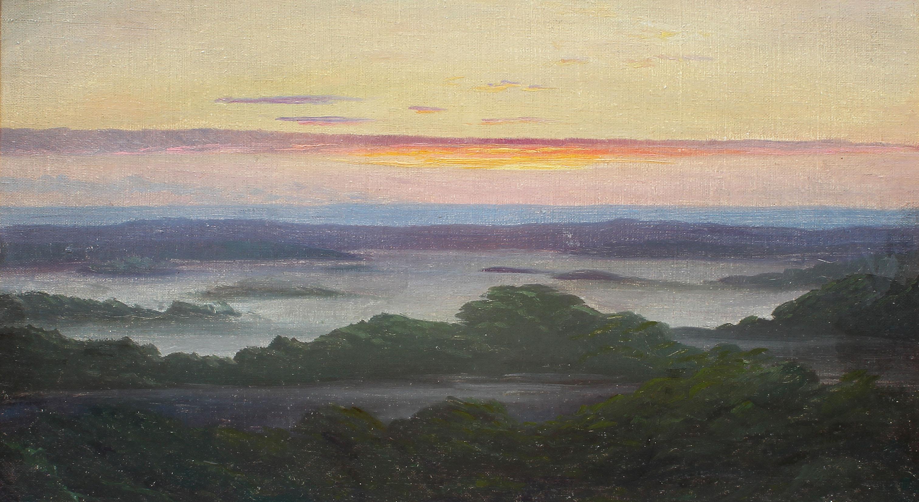 Antique Original Expansive Panoramic Blazing Sunset Stunning Hamptos LI Painting - Brown Landscape Painting by Unknown