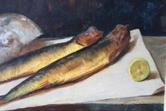 Still Life Oil Painting of Fish, Original Antique Herrings and Sea Shell