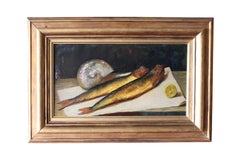 Antique Original French Fish Oil Painting on Canvas, Herrings and Seashell