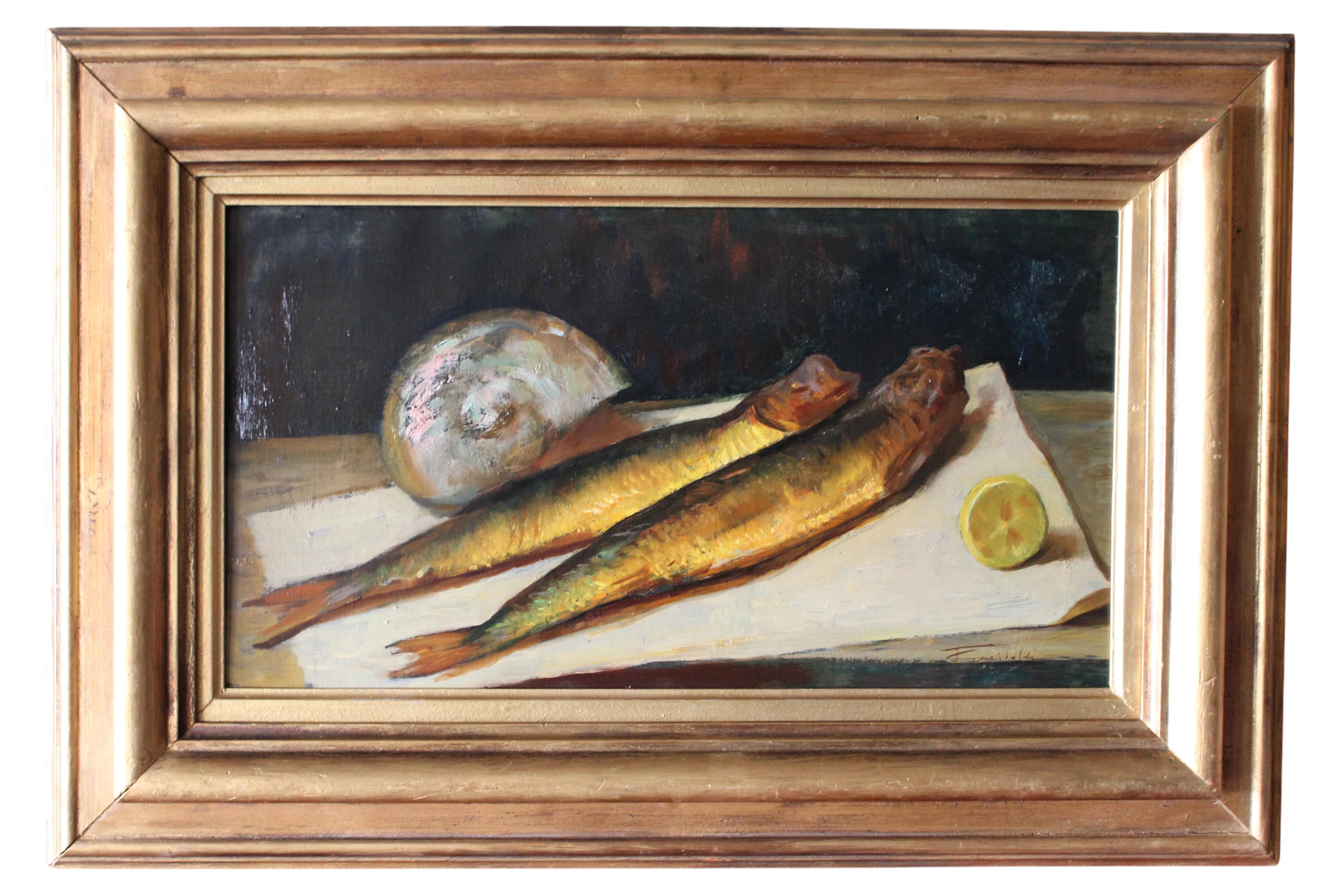 Antique Original French Fisch Ölgemälde auf Leinwand, Heringe und Muscheln