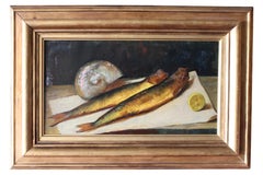 Antique Original French Fish Oil Painting on Canvas, Herrings and Seashell Antique Original French Fish Oil Painting on Canvas, Herrings and Seashell