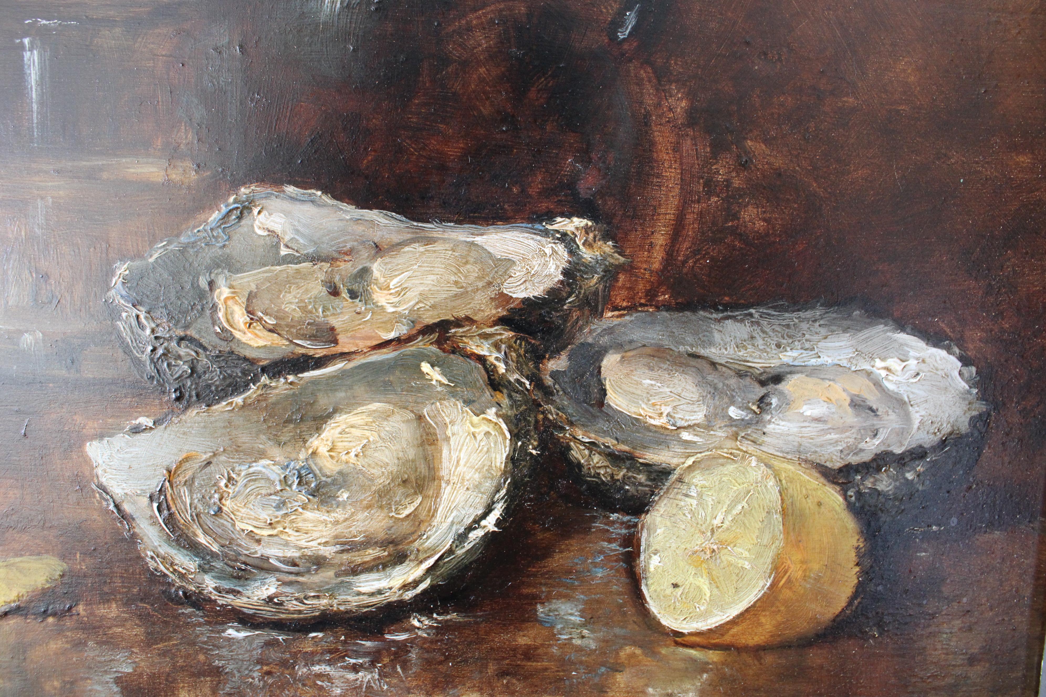 Antique Original Französisch Austern Ölgemälde auf Holz, Austern und Zitrone im Angebot 5