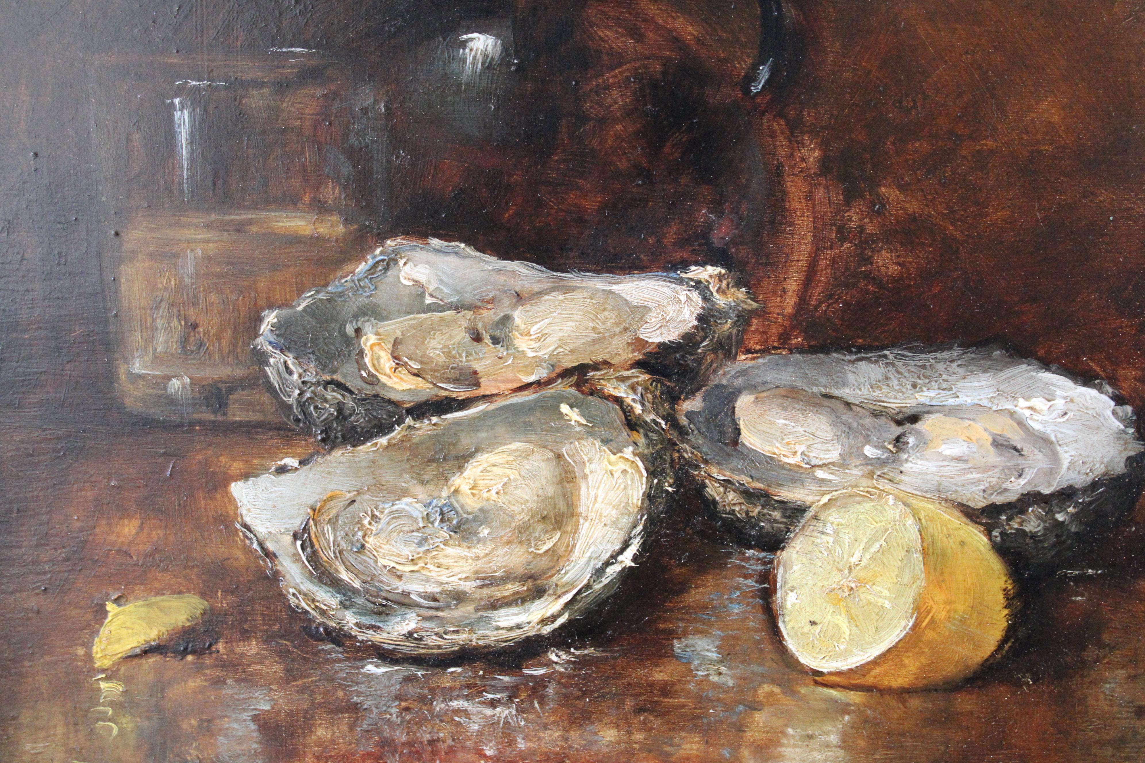 Antique Original Französisch Austern Ölgemälde auf Holz, Austern und Zitrone – Painting von Unknown
