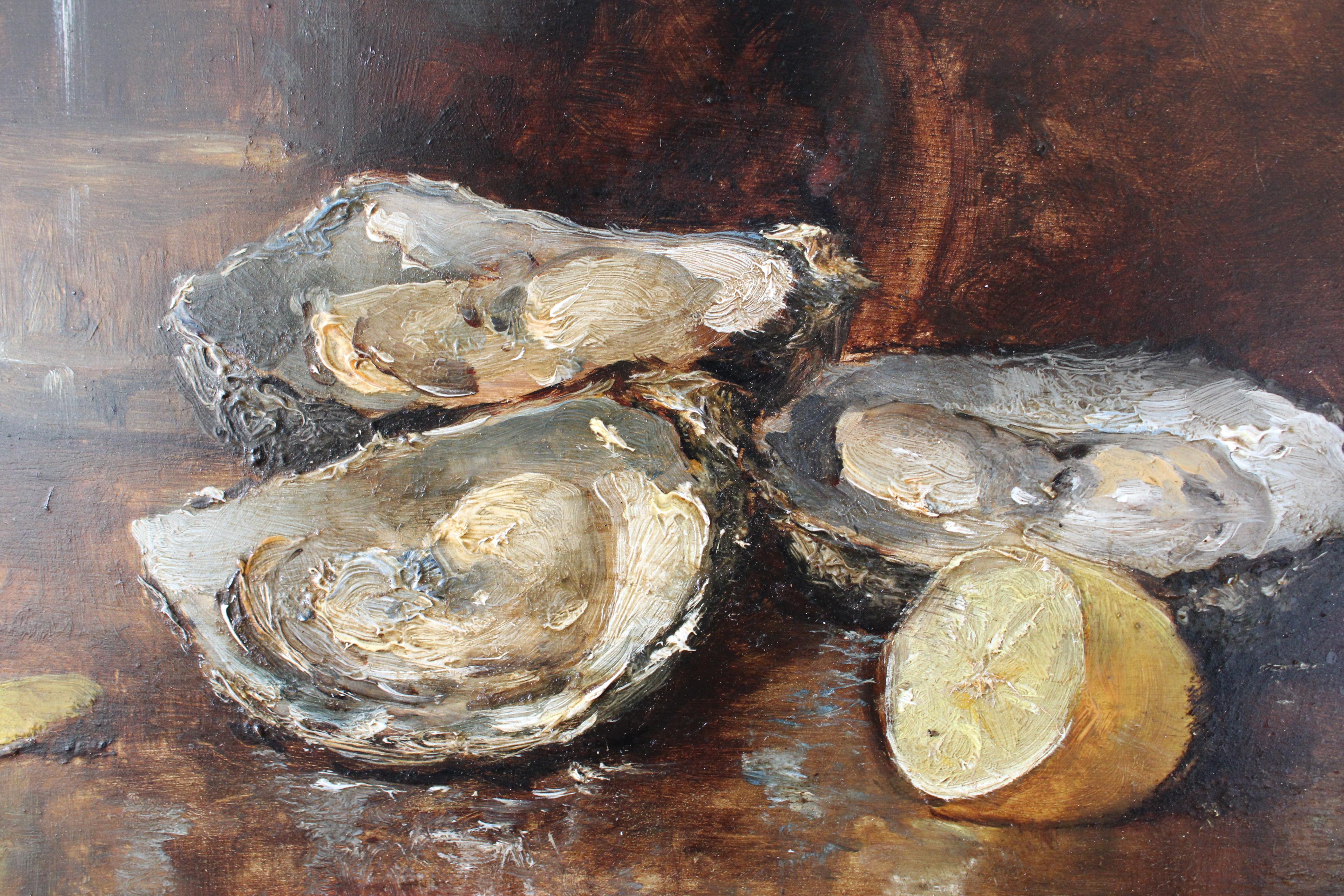 Antique Original Französisch Austern Ölgemälde auf Holz, Austern und Zitrone (Braun), Still-Life Painting, von Unknown