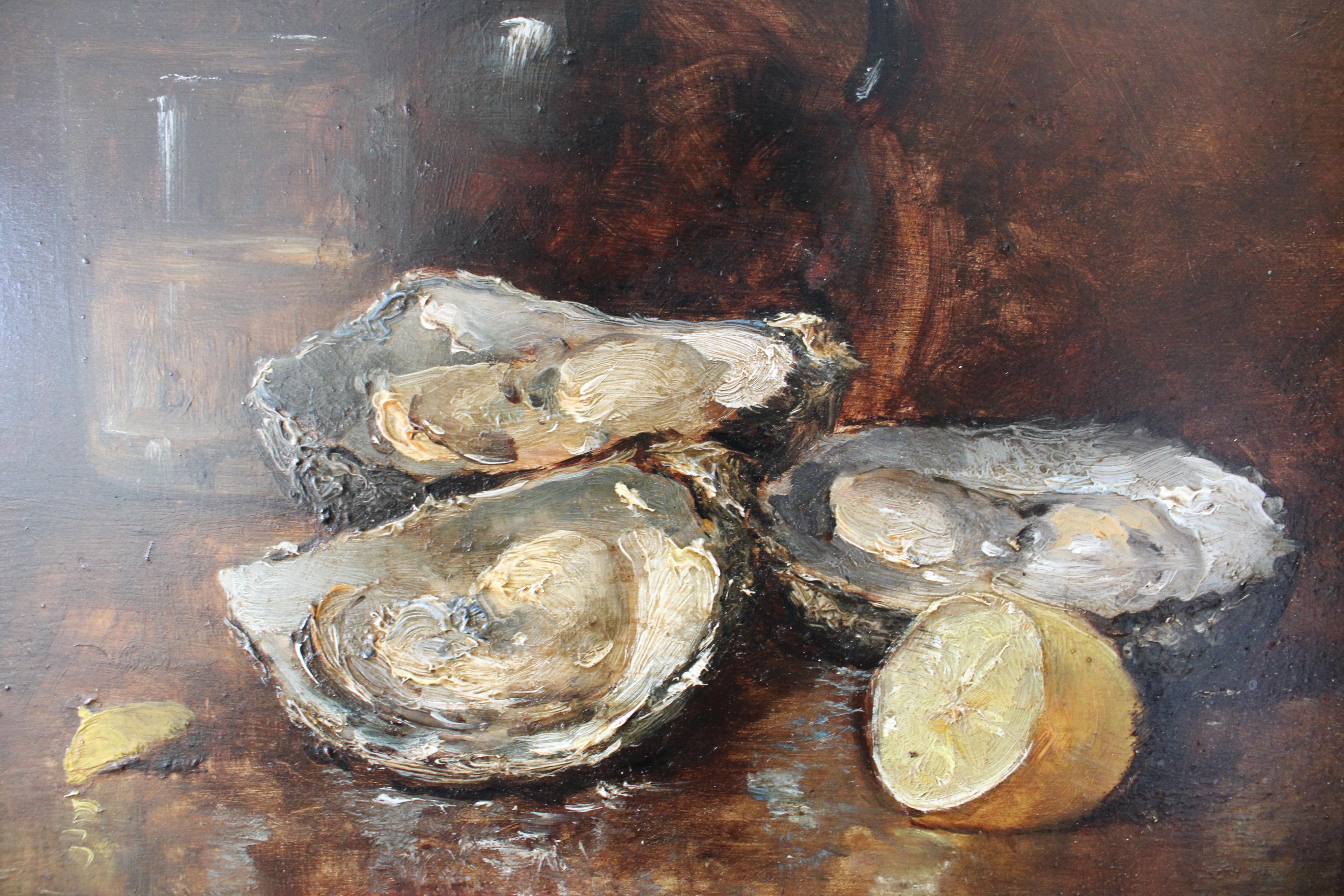 Seltene und beeindruckende antike Öl auf Holz von Austern und Zitrone.  Es handelt sich um ein traditionelles Ölgemälde, das wunderschön gemalt ist und sich hervorragend in einer Küche machen würde.  Es ist auf einem glatten Holzbrett mit dunklem