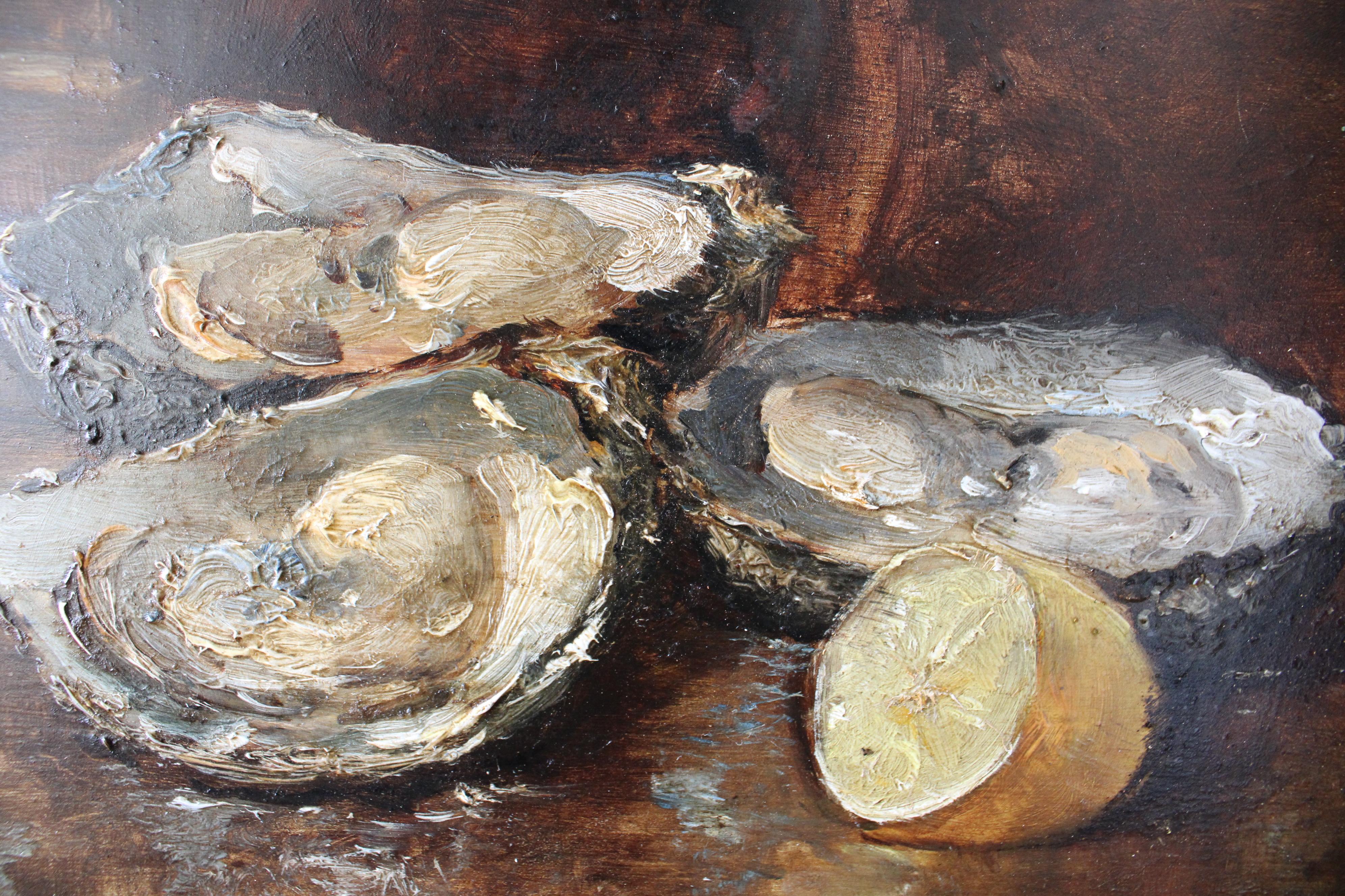Antique Original Französisch Austern Ölgemälde auf Holz, Austern und Zitrone im Angebot 1